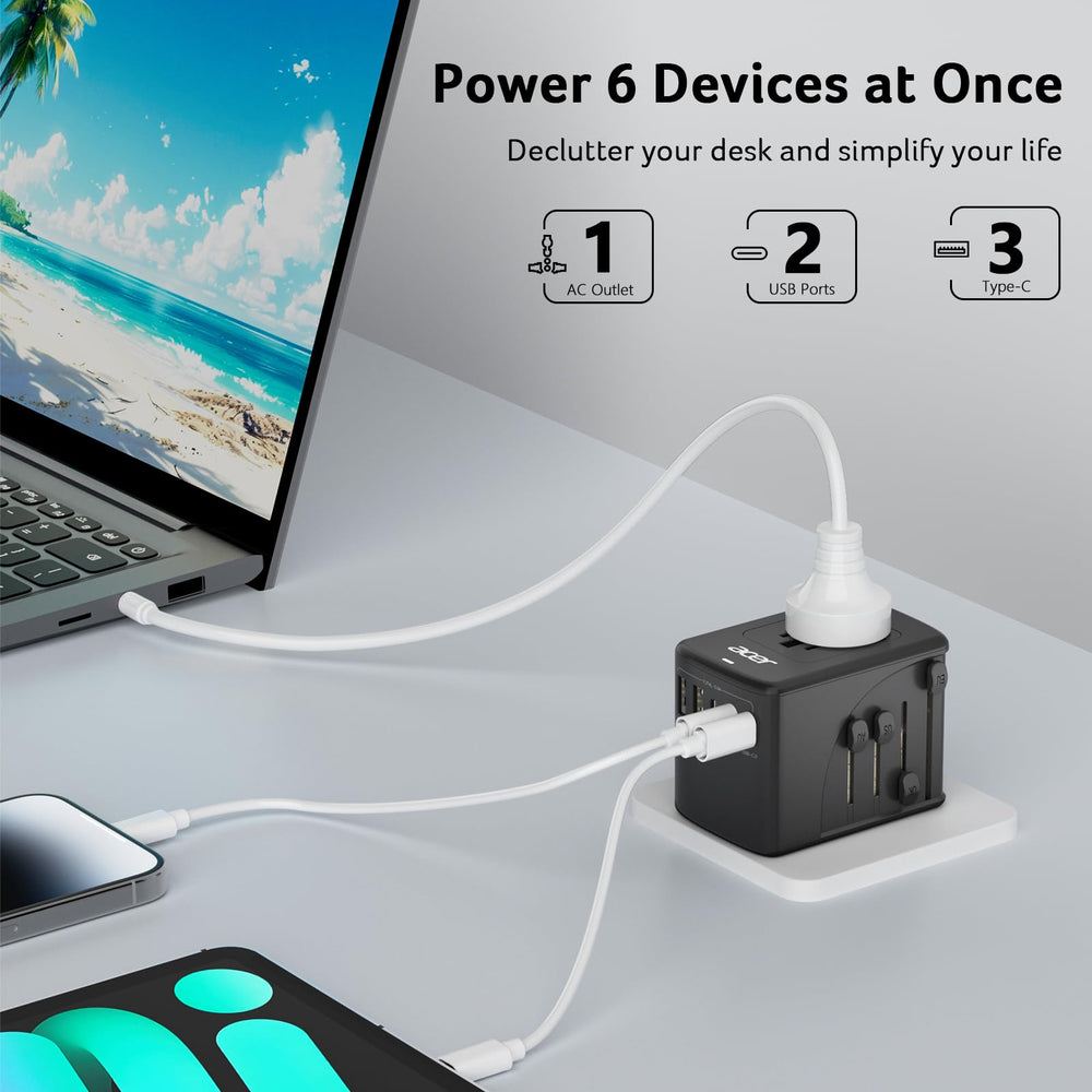 Acer universal travel plug adapter with US EU UK AU plugs for global connectivity.