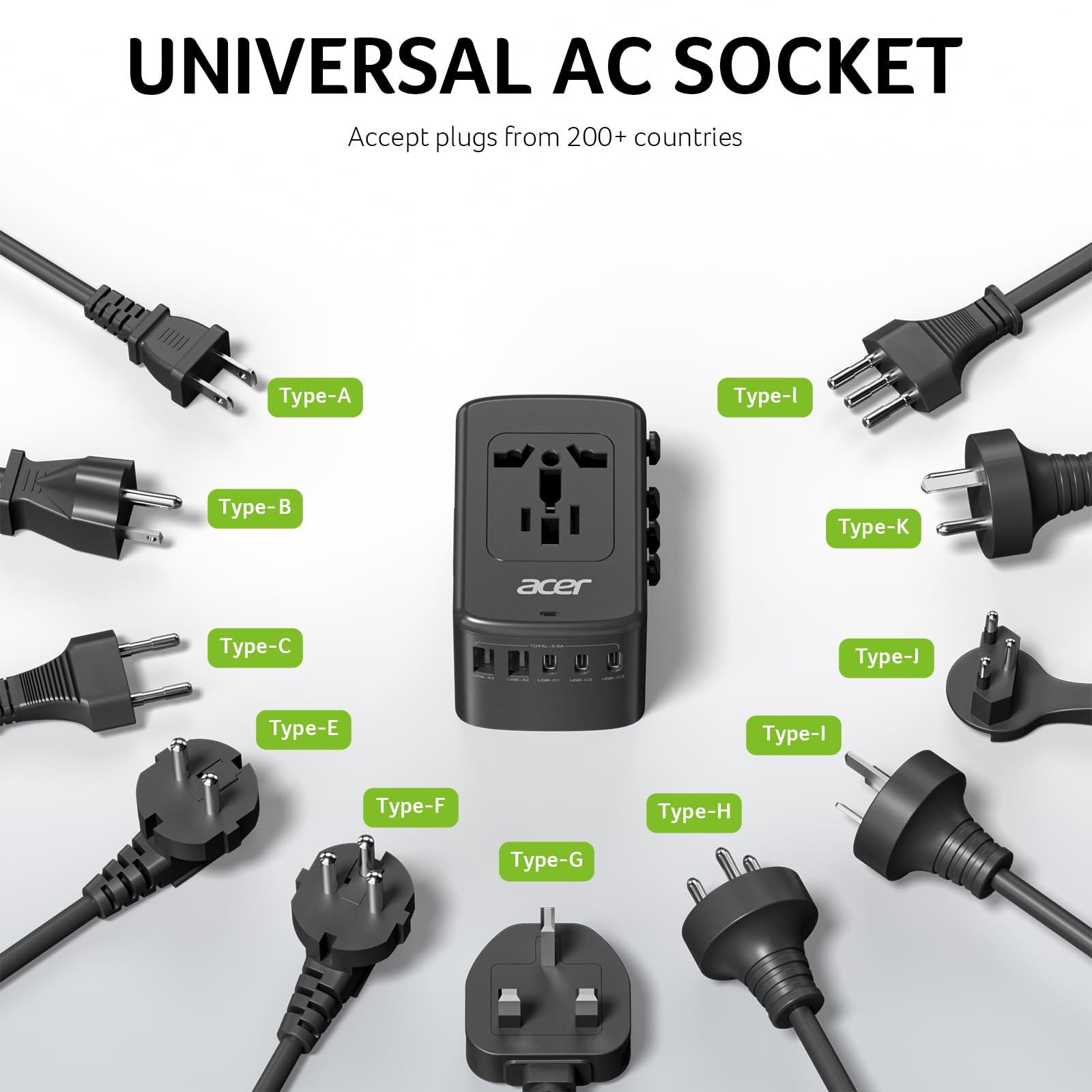 Acer universal travel plug adapter highlighting USB-C ports for fast charging.