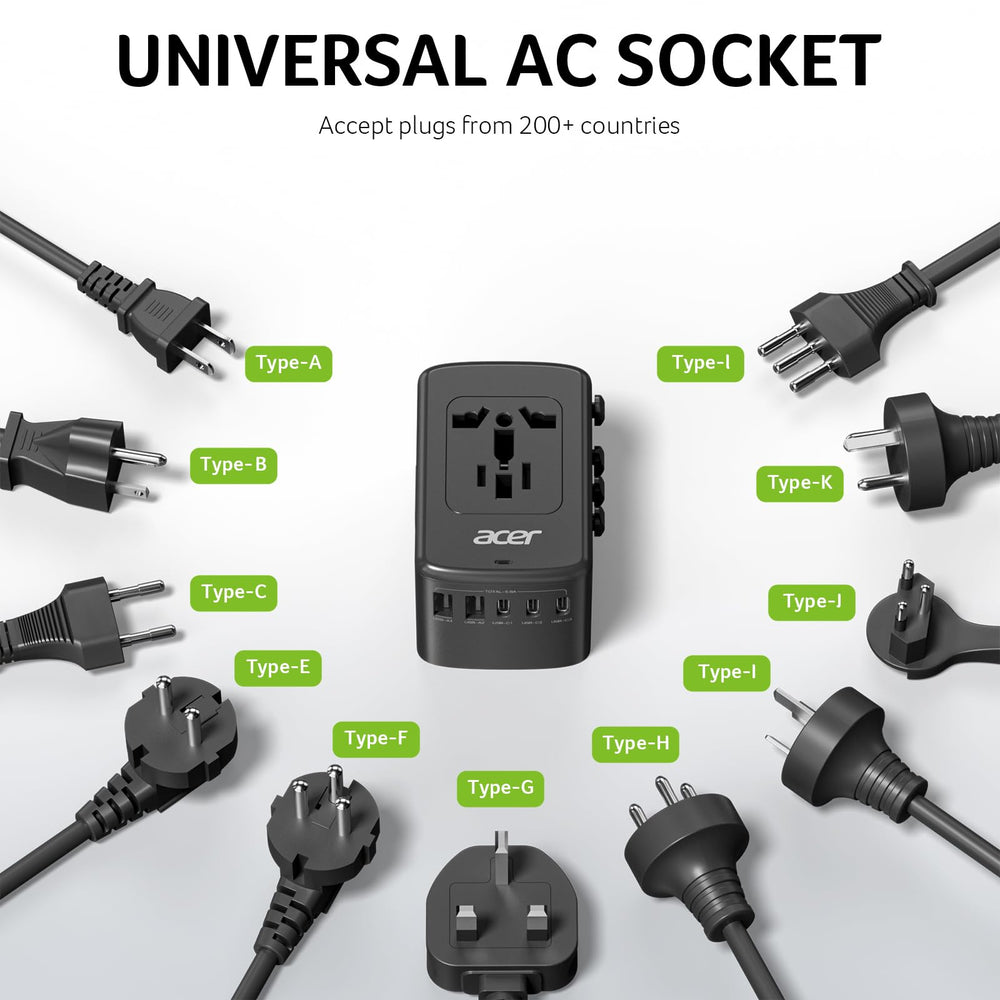 Acer universal travel plug adapter highlighting USB-C ports for fast charging.