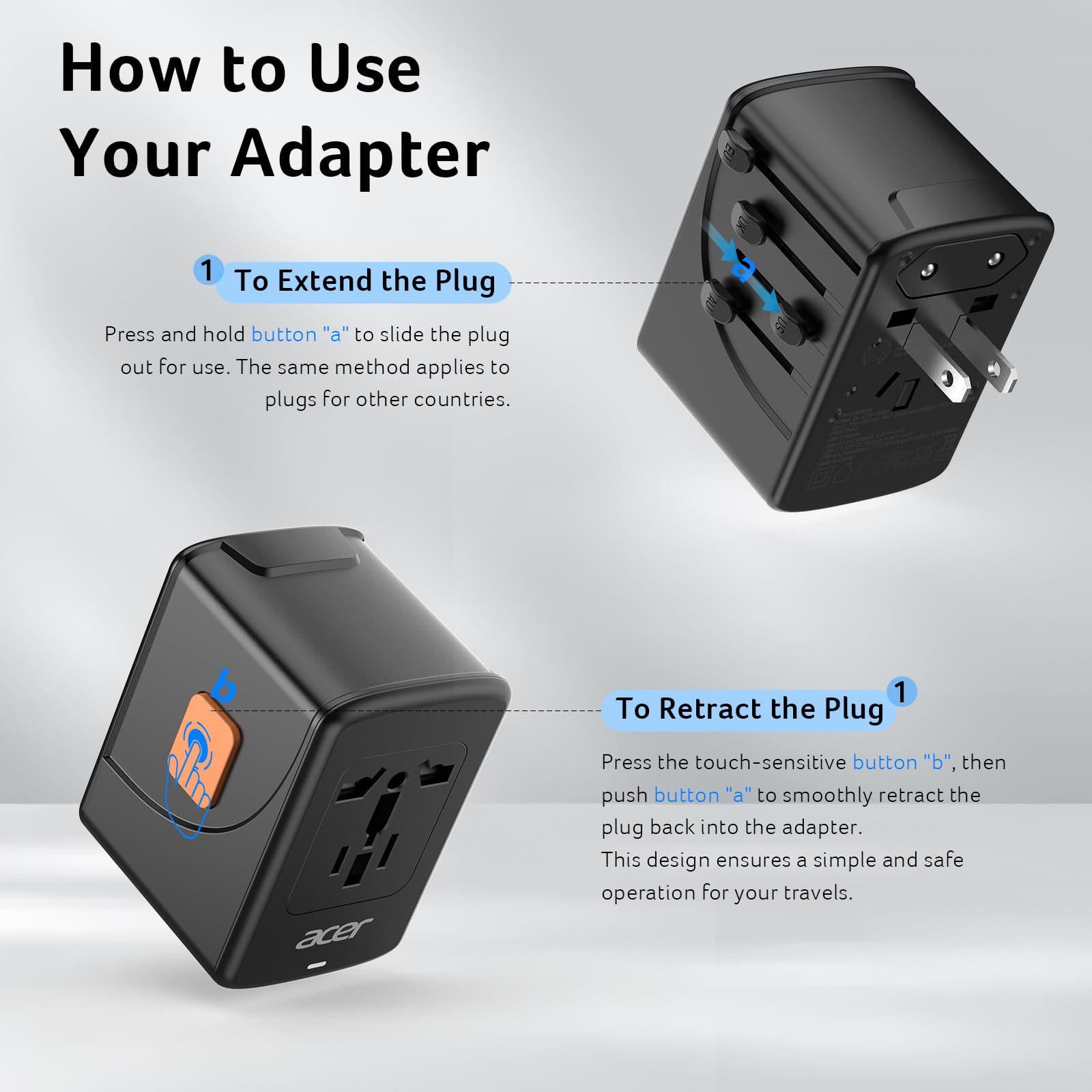 Acer universal travel plug adapter worldwide coverage across regions.