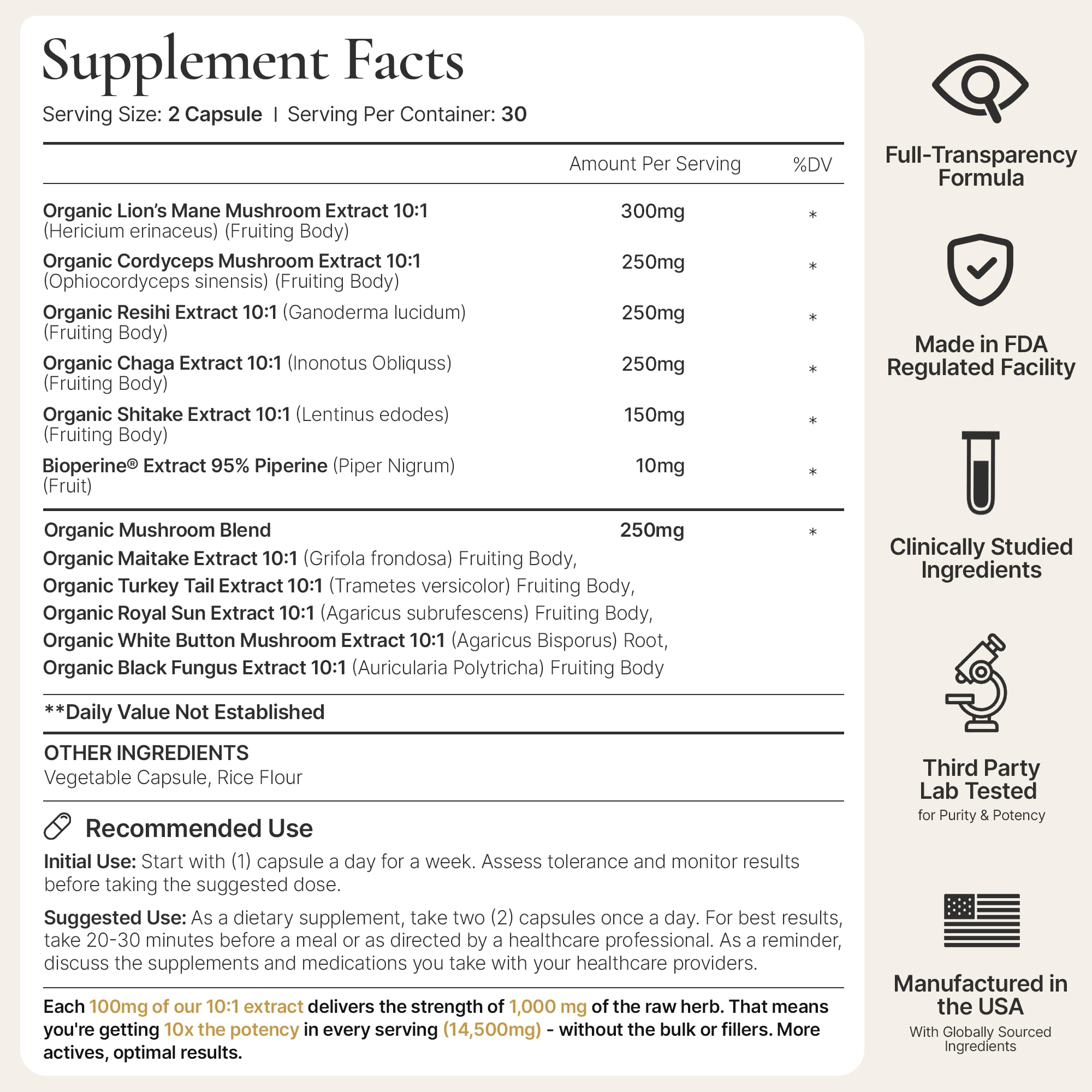 ACEWORKZ Mushroom Complex ingredients panel—10-mushroom blend for immune and cognitive support.