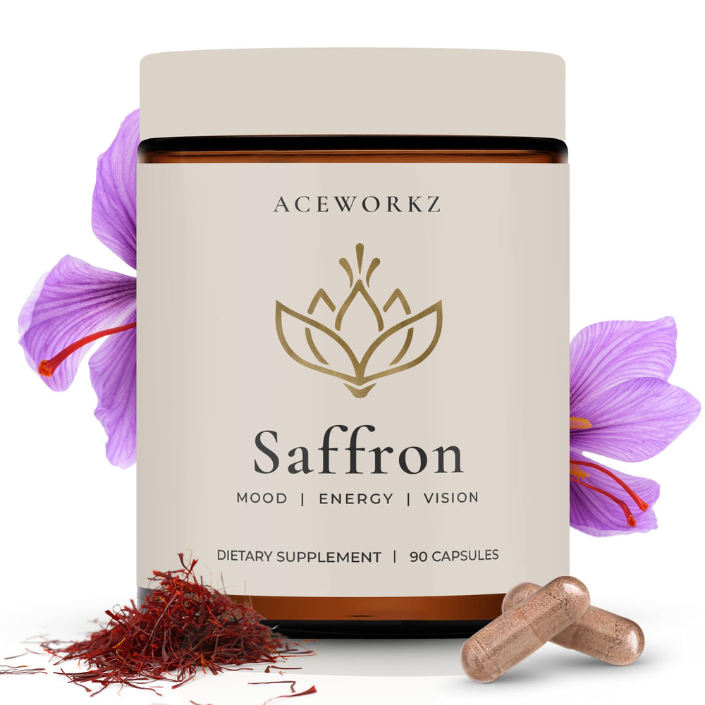 ACEWORKZ saffron bottle highlighting appetite control and mood support.