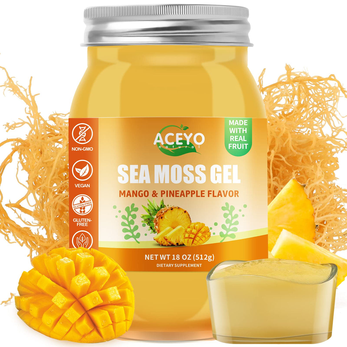 ACEYO sea moss gel mango pineapple bottle with tropical flavor and nutrient-rich profile