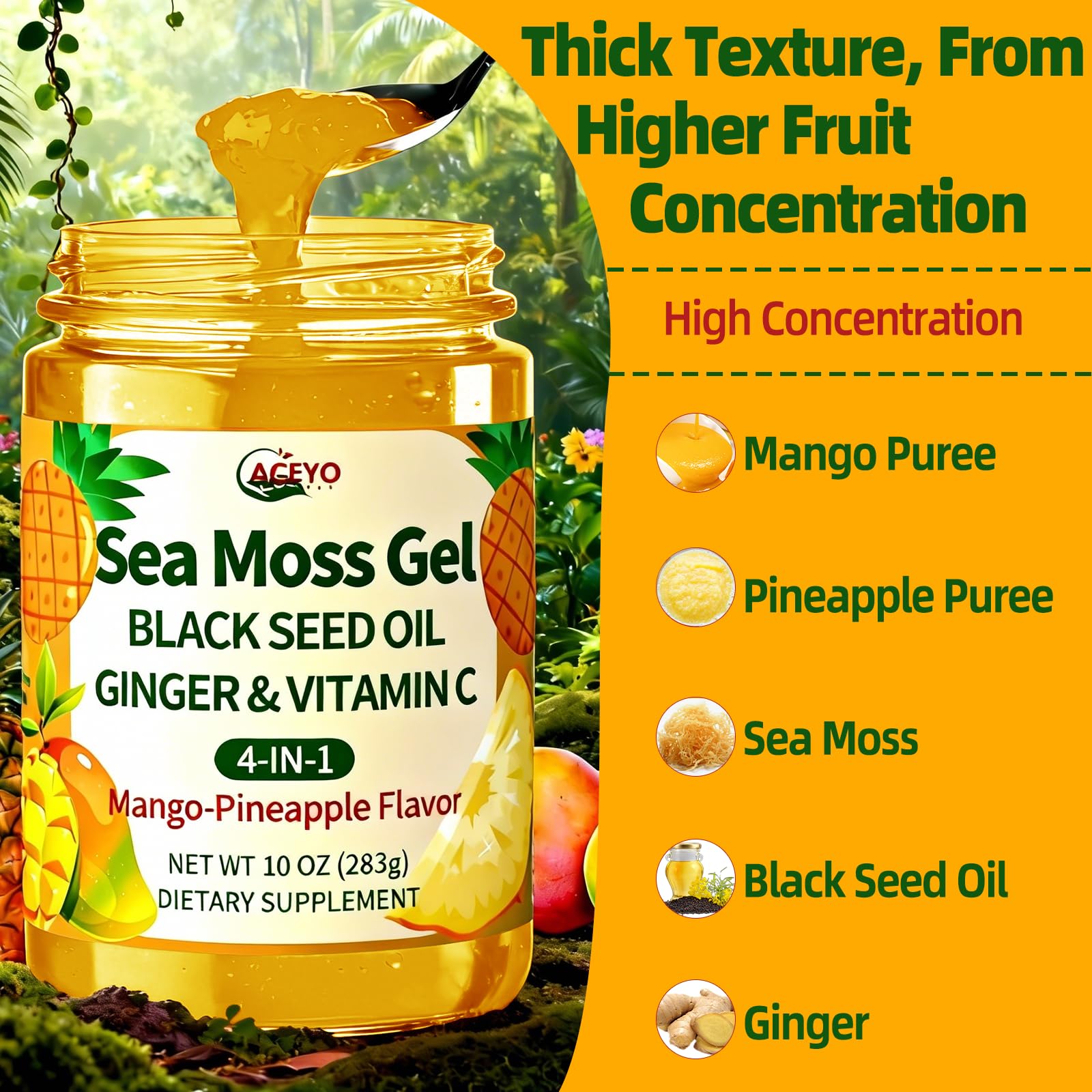 ACEYO Sea Moss Gel mango pineapple chunks suggest tropical flavor for smoothies