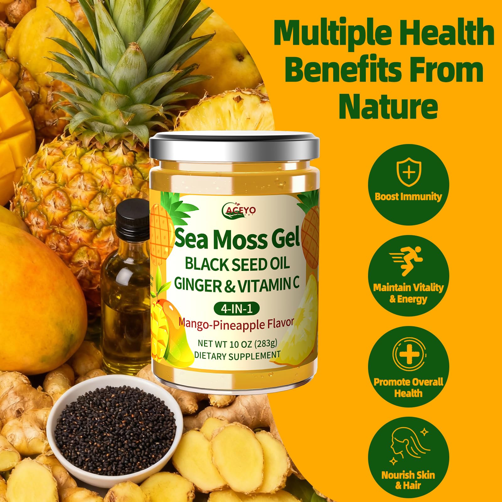 ACEYO Sea Moss Gel texture on spoon shows smooth, versatile mix-in