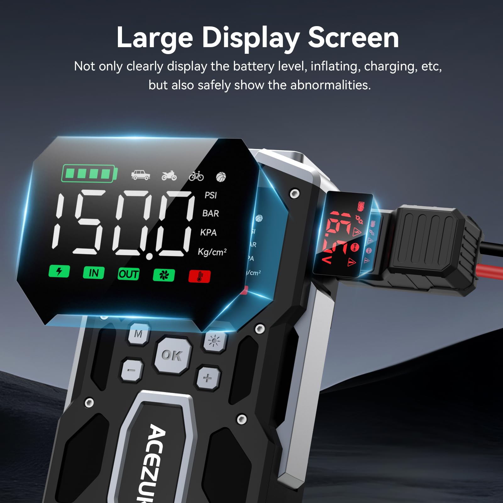 ACEZUK air pump gauge displaying tire pressure up to 150 PSI