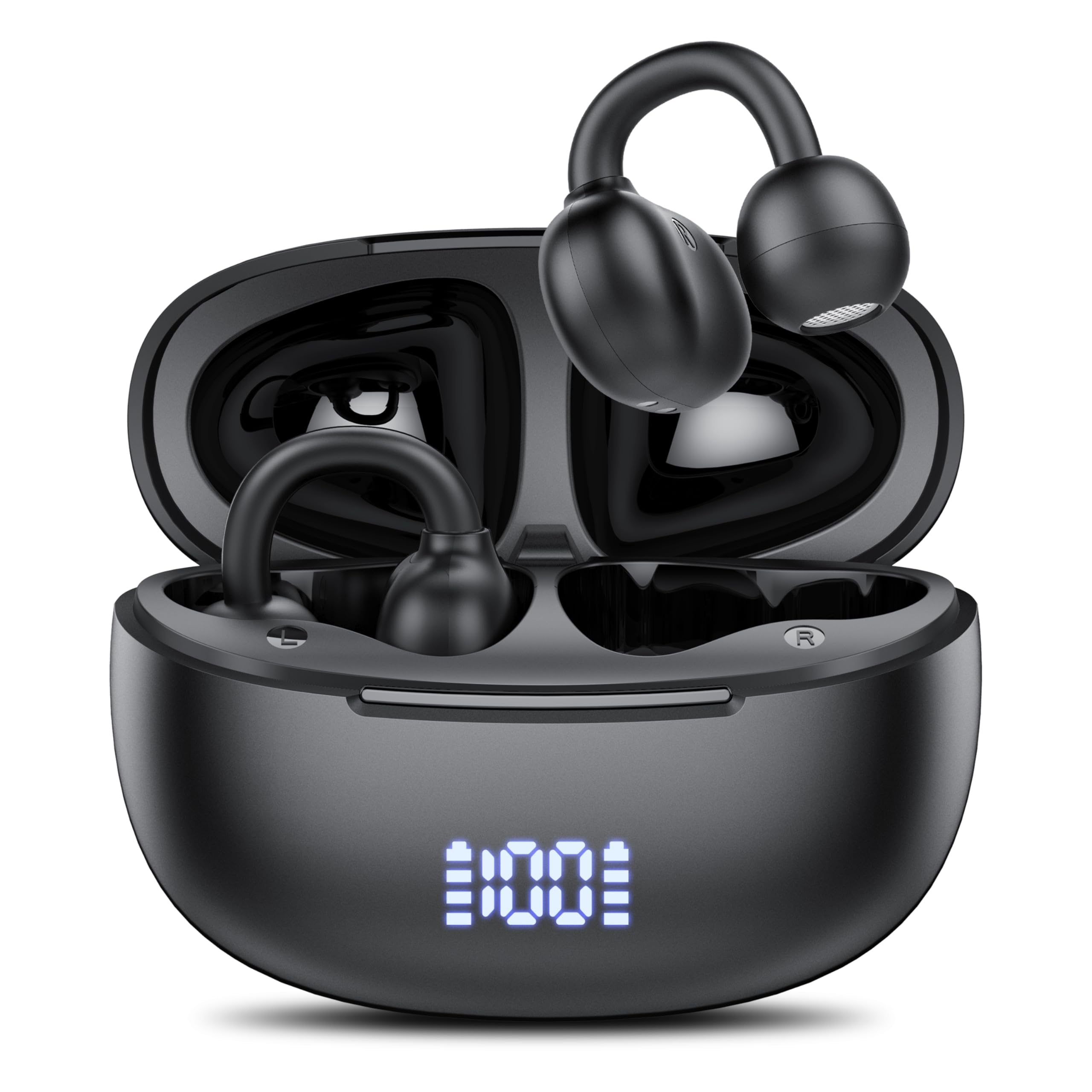 Achifine open-ear clip-on earbuds resting around the ears for all-day comfort.