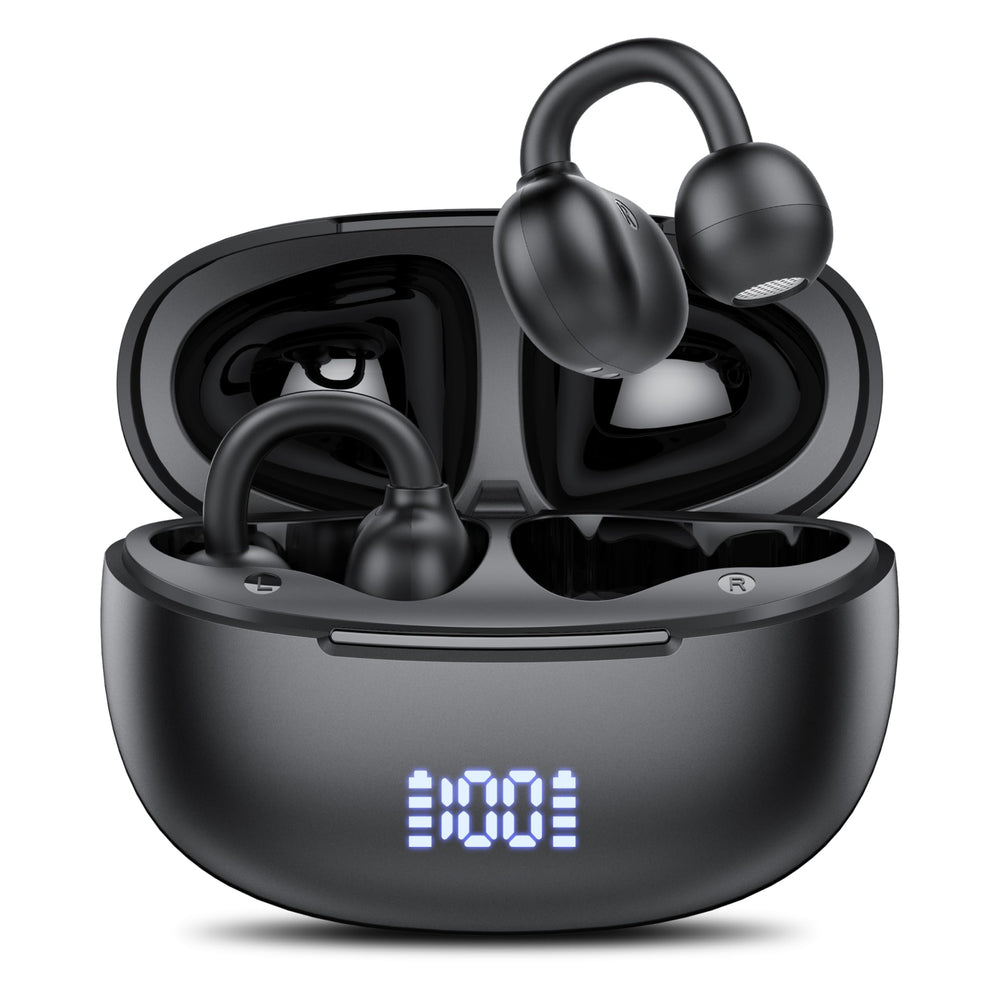 Achifine open-ear clip-on earbuds resting around the ears for all-day comfort.