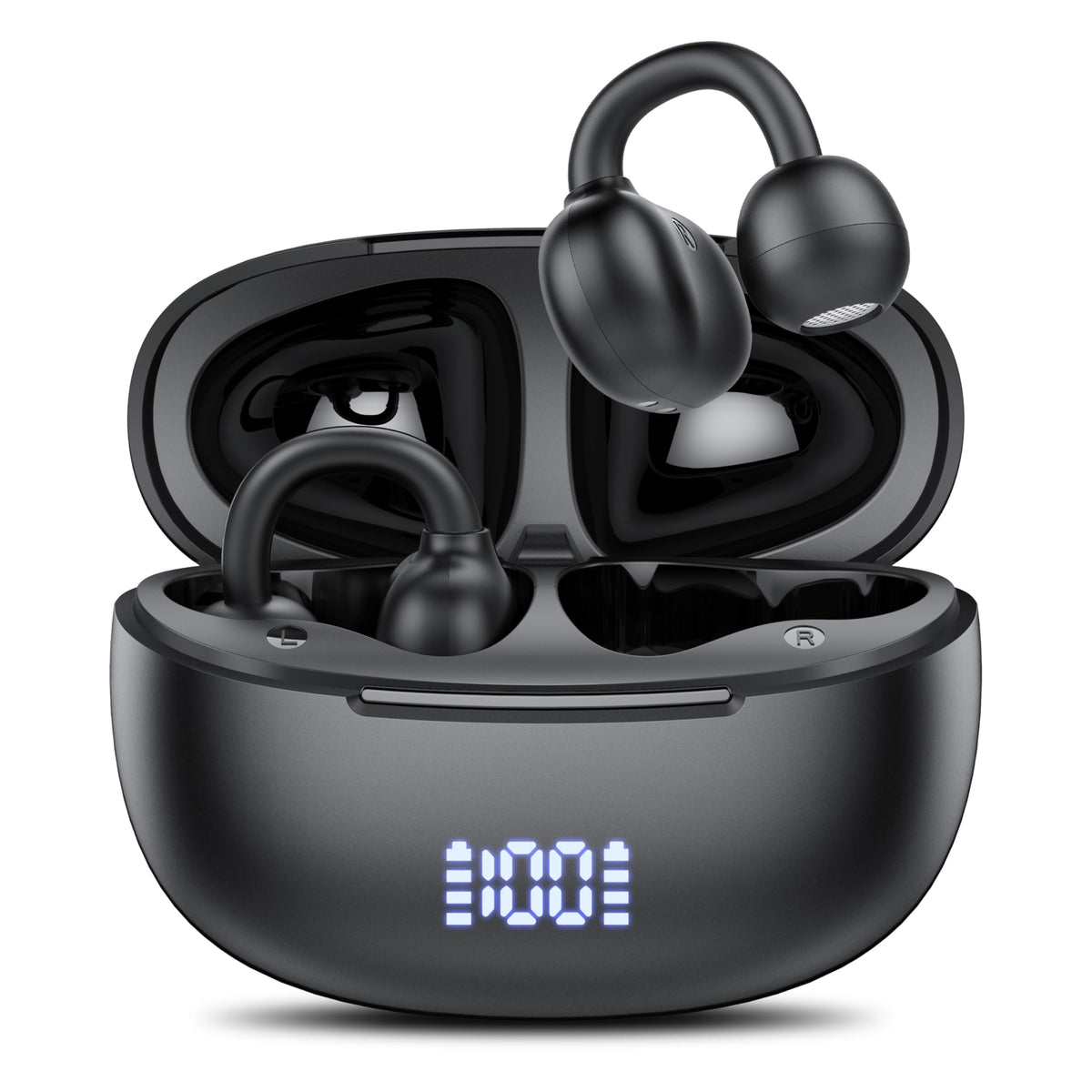 Achifine open-ear clip-on earbuds resting around the ears for all-day comfort.