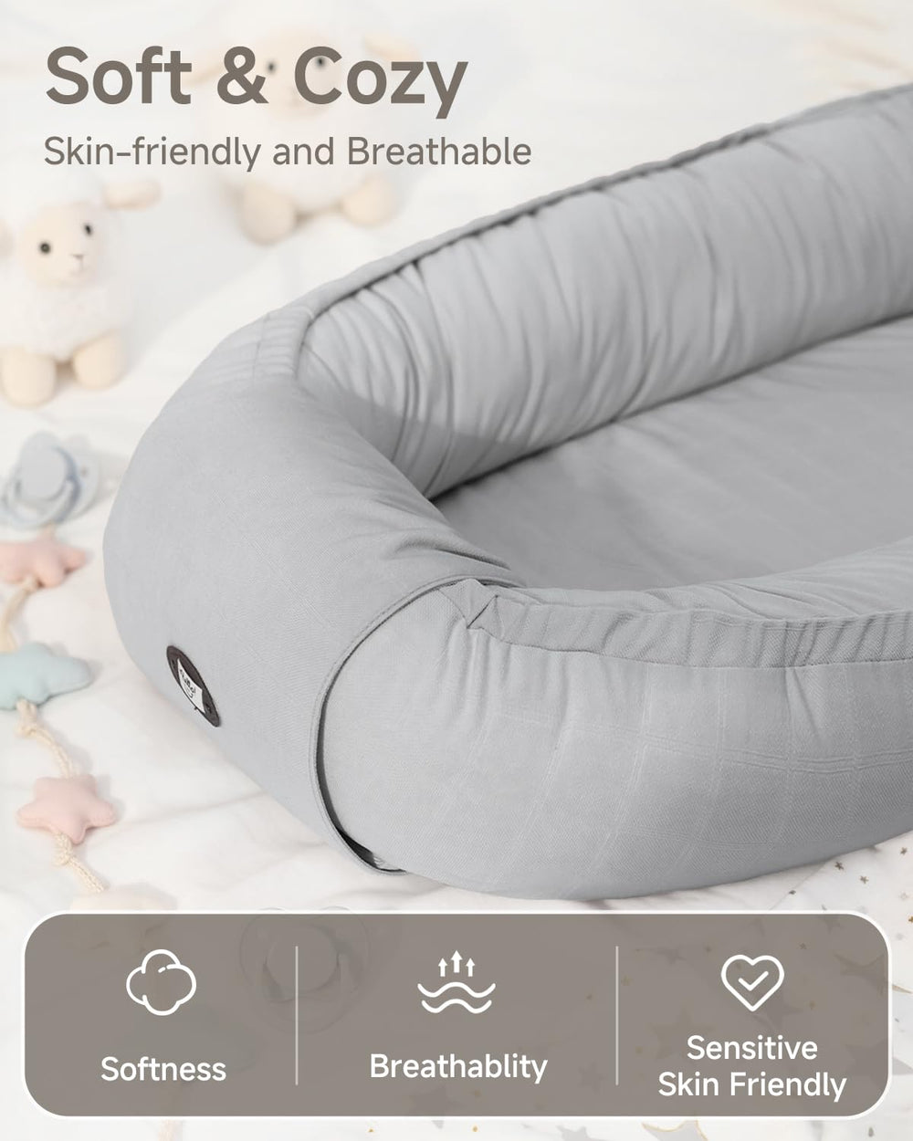 ACIROC Baby Lounger adjustable ties adapt to growing babies for versatile use.