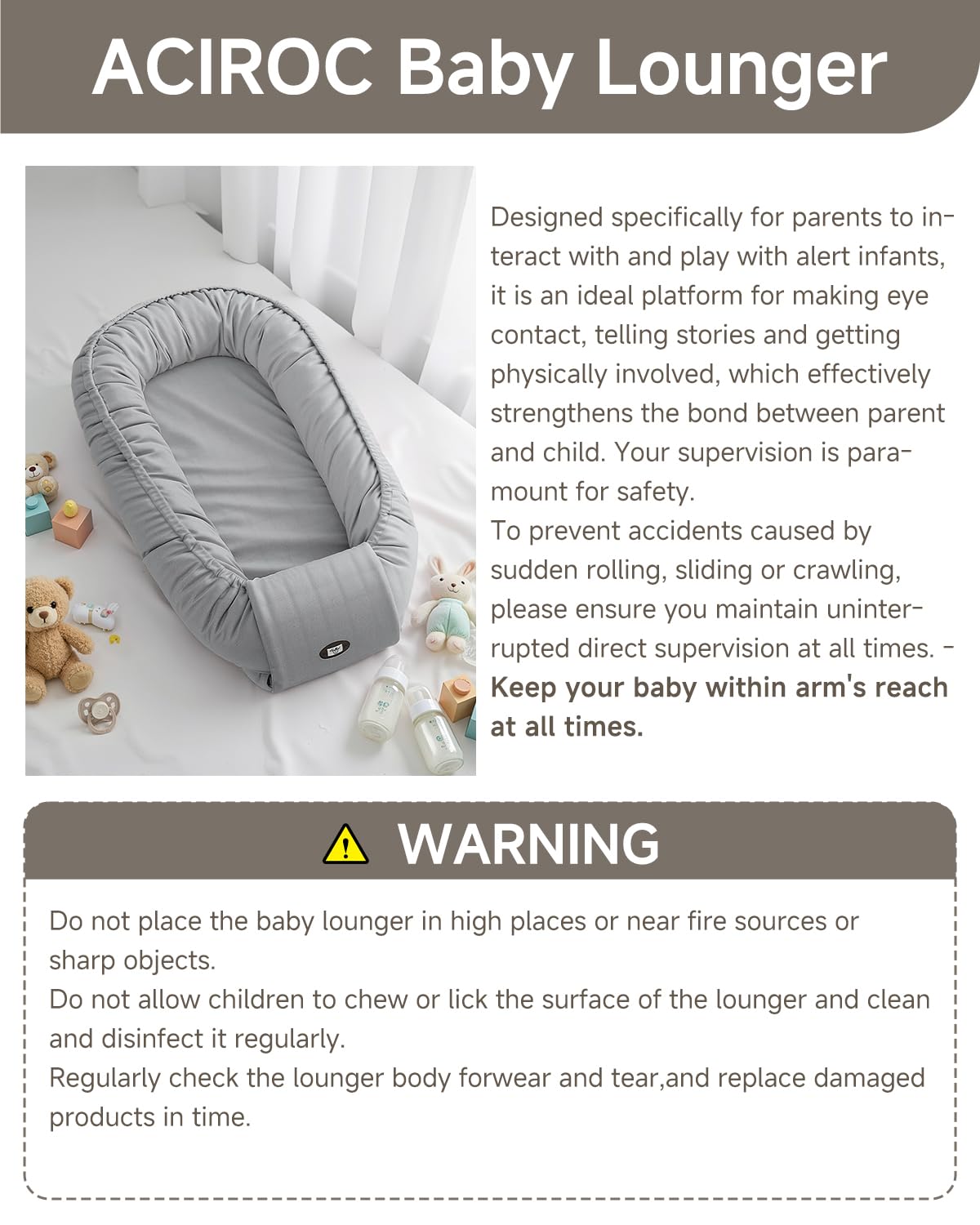 ACIROC Baby Lounger suitable from newborn to 24 months for extended use.