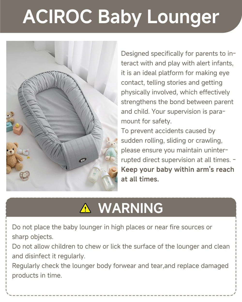 ACIROC Baby Lounger suitable from newborn to 24 months for extended use.