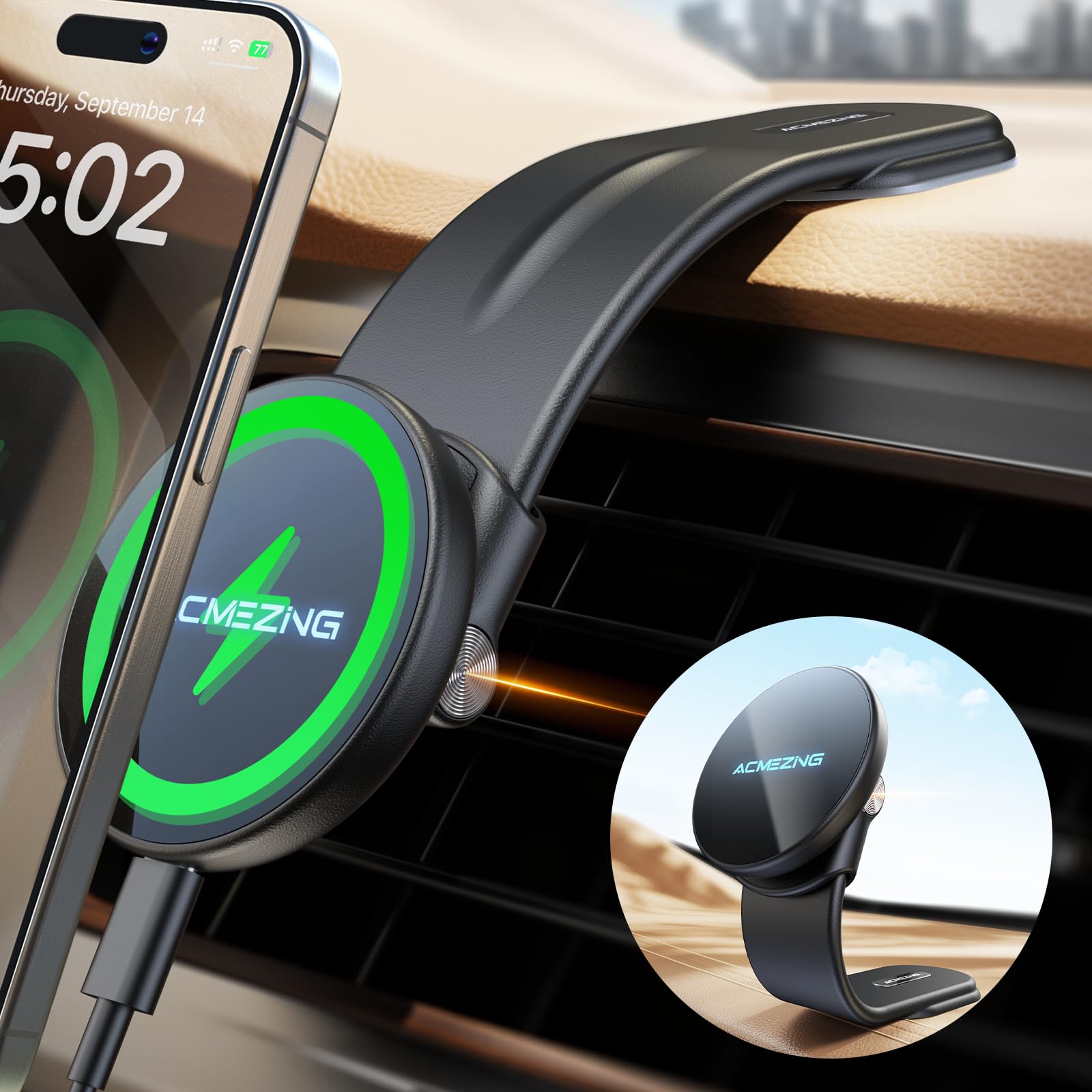 ACMEZING 15W MagSafe car mount with fast charging plate for on‑the‑go power