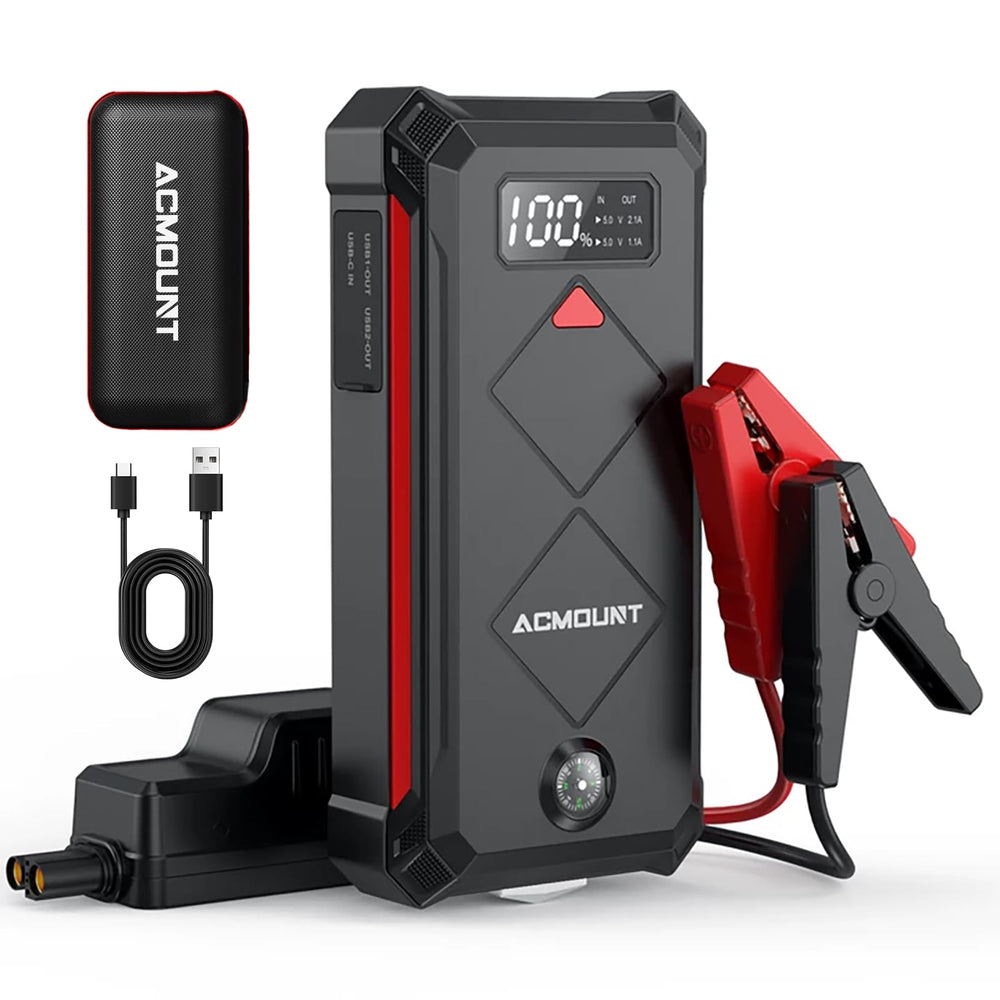 Acmount P100 jump starter front view ready for roadside power