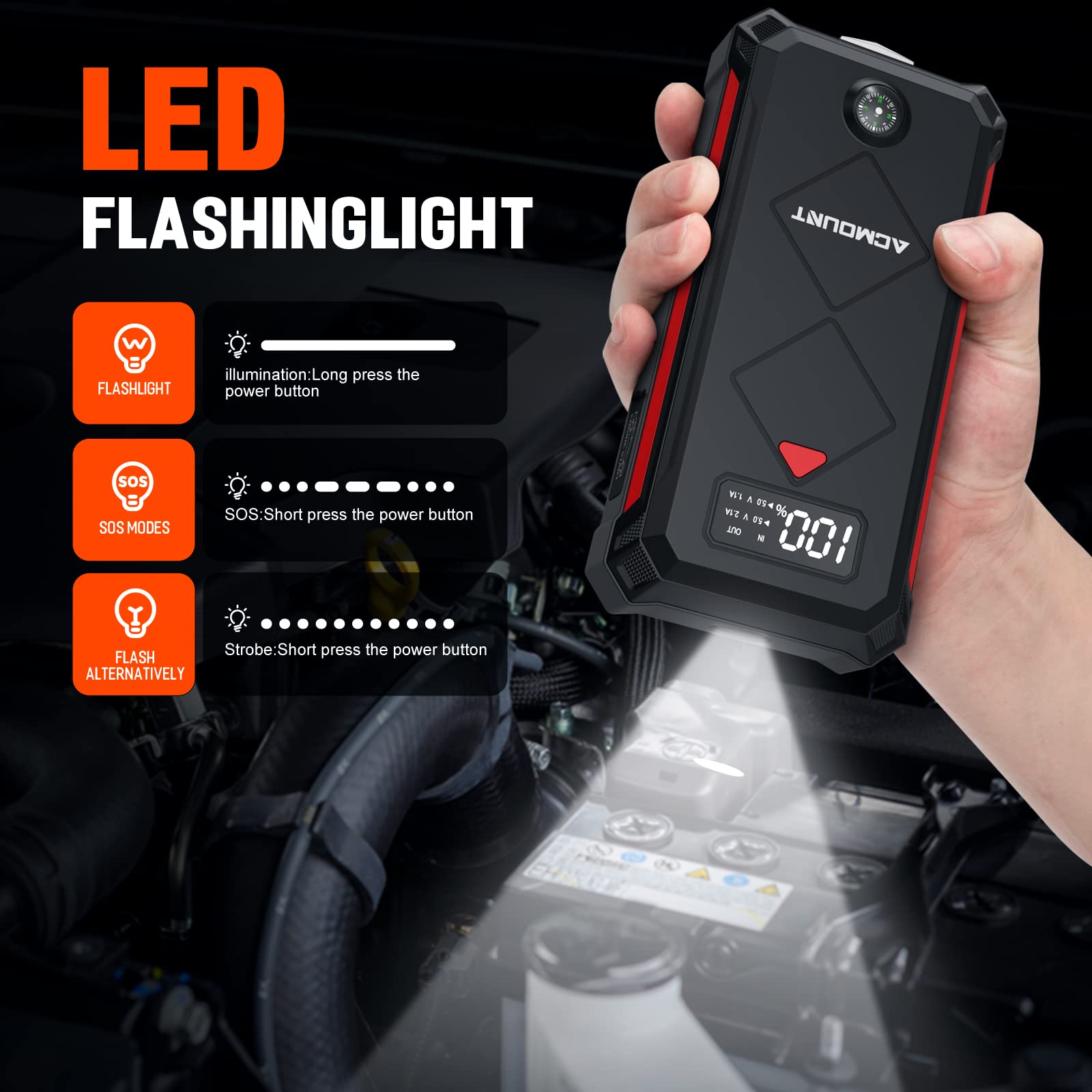 Acmount P100 safety protections highlight spark-proof and correct polarity
