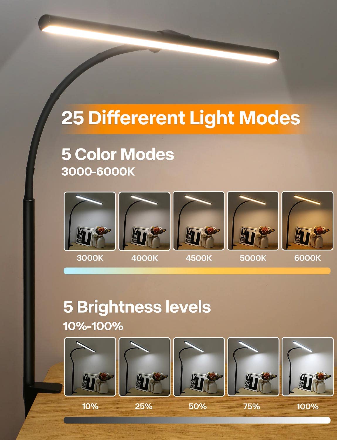 ACNCTOP gooseneck desk lamp shown in 360-degree flexible position for precise lighting