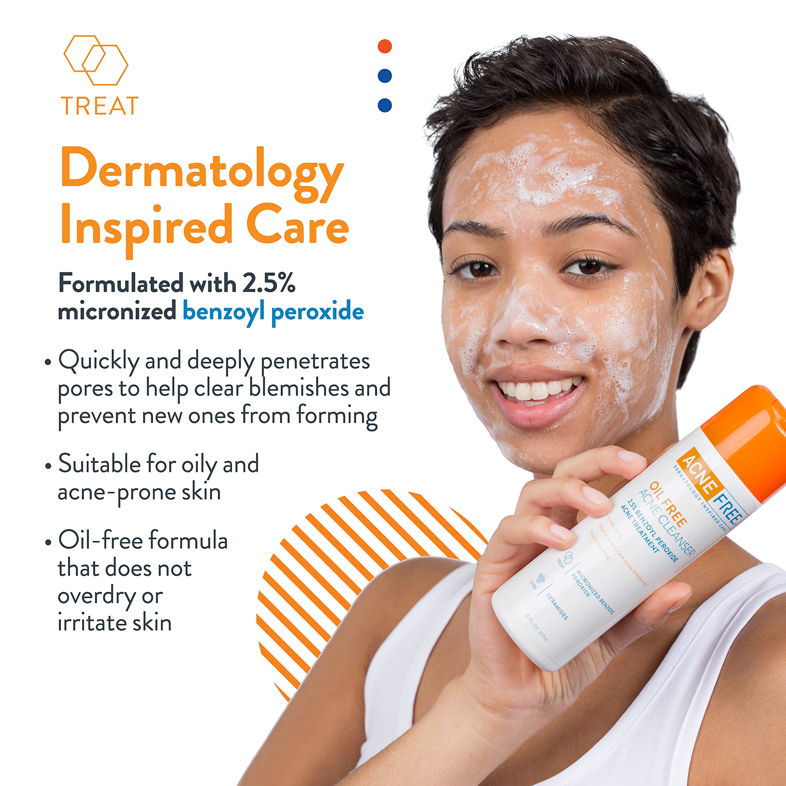 AcneFree Oil-Free Cleanser bottle back explains benzoyl peroxide delivery for deeper pore cleansing