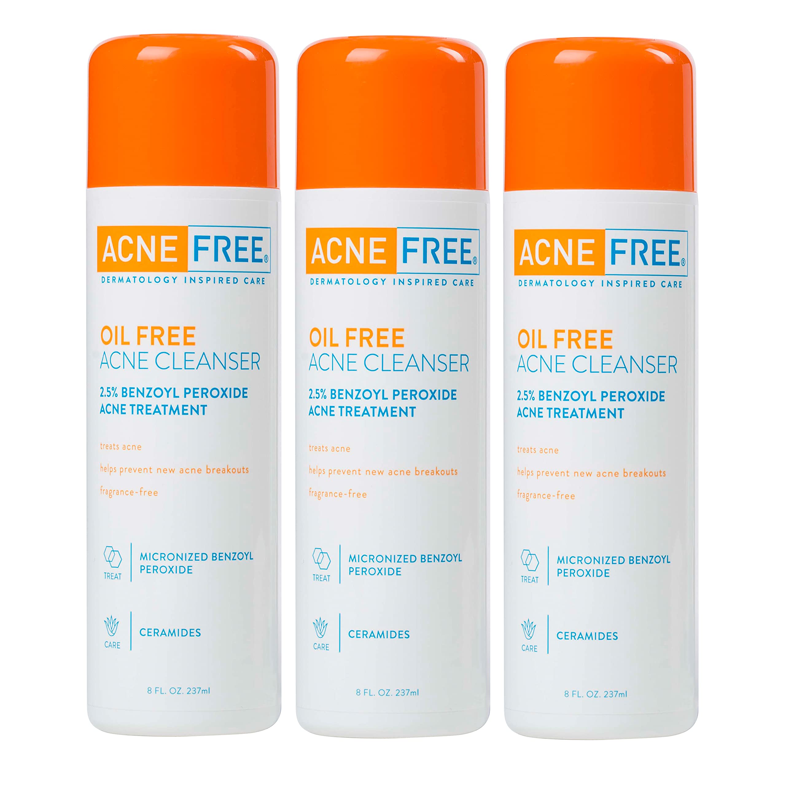 AcneFree Oil-Free Cleanser bottle front shows fragrance-free, oil-free formula for face and body cleansing