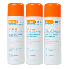 AcneFree Oil-Free Cleanser bottle front shows fragrance-free, oil-free formula for face and body cleansing
