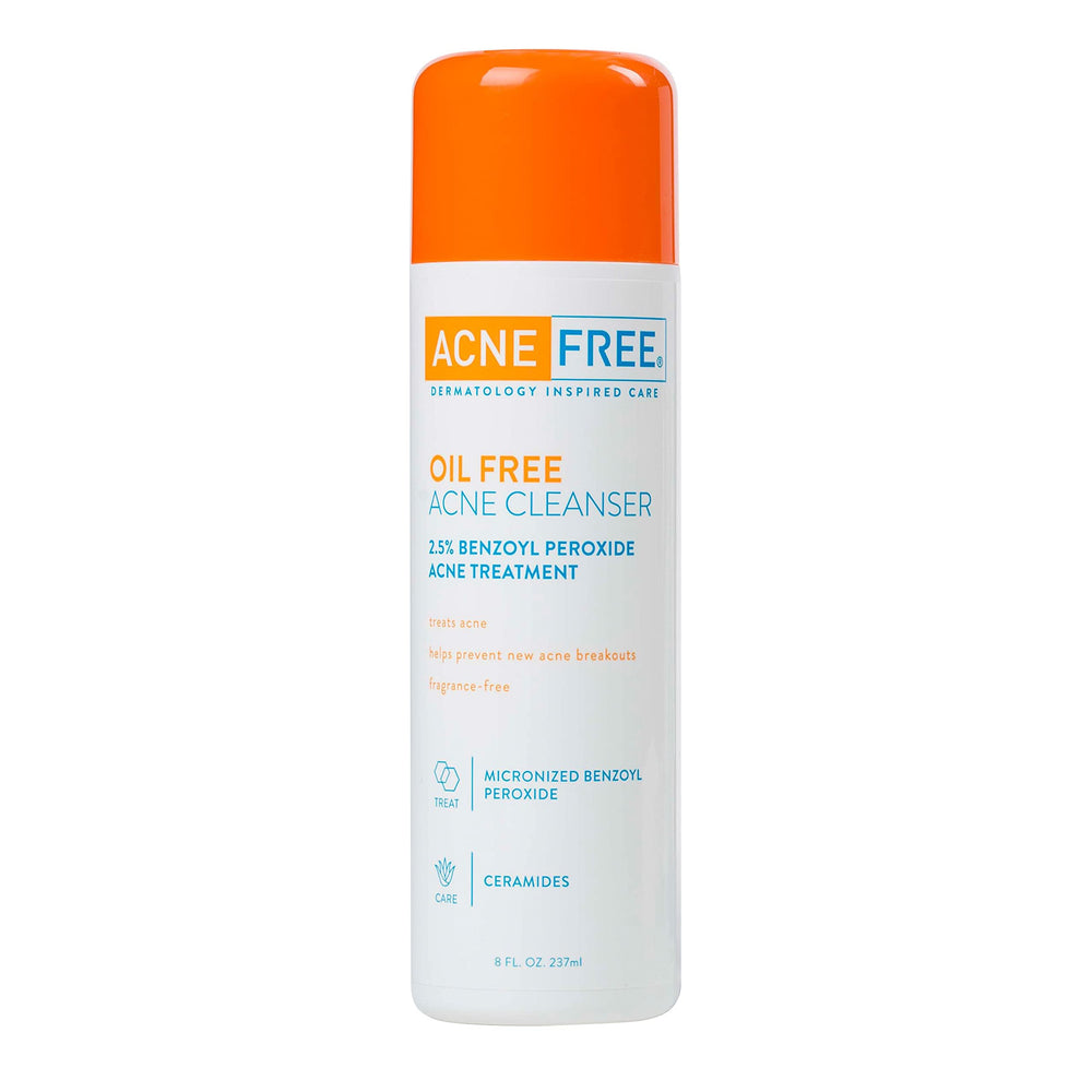 AcneFree Oil-Free Cleanser bottle being poured for easy application and pore penetration.