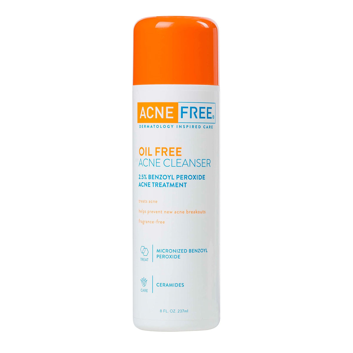 AcneFree Oil-Free Cleanser bottle being poured for easy application and pore penetration.