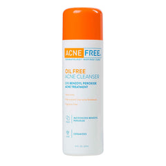 AcneFree Oil-Free Cleanser bottle being poured for easy application and pore penetration.