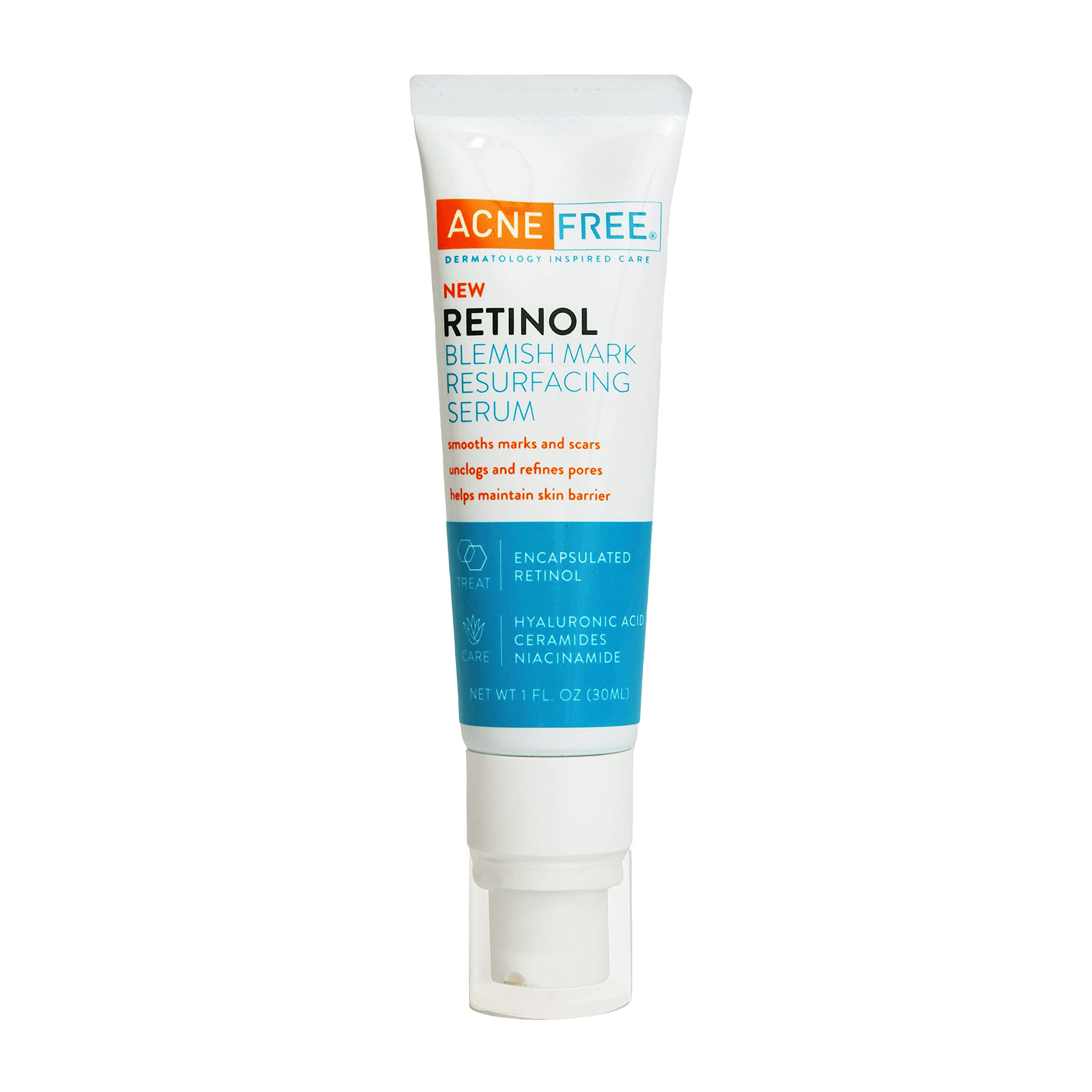 AcneFree Retinol Blemish Mark Serum bottle showing resurfacing action for smoother texture.