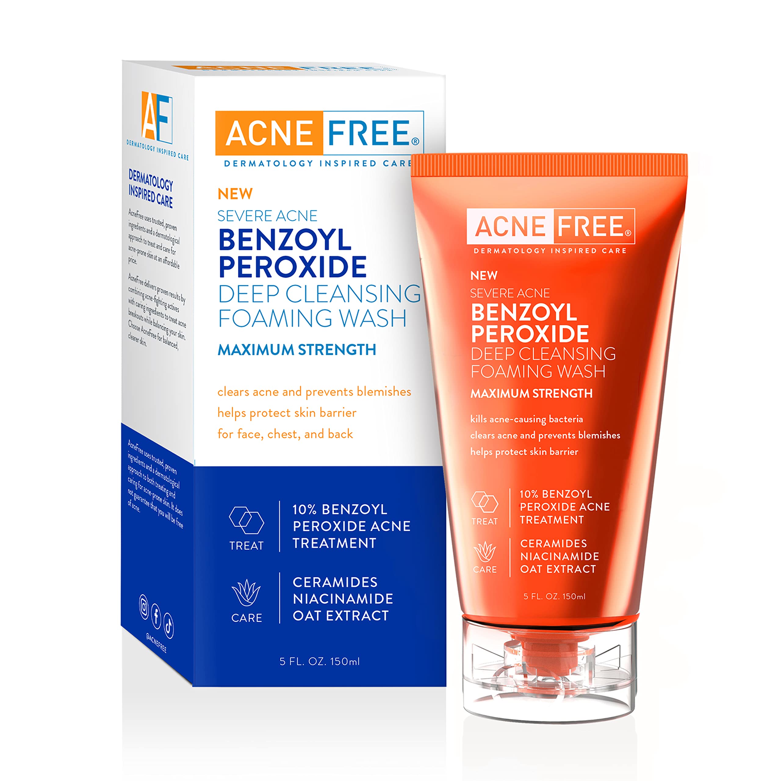 AcneFree Severe Acne Wash bottle shows 5 oz size and high-strength cleansing action.