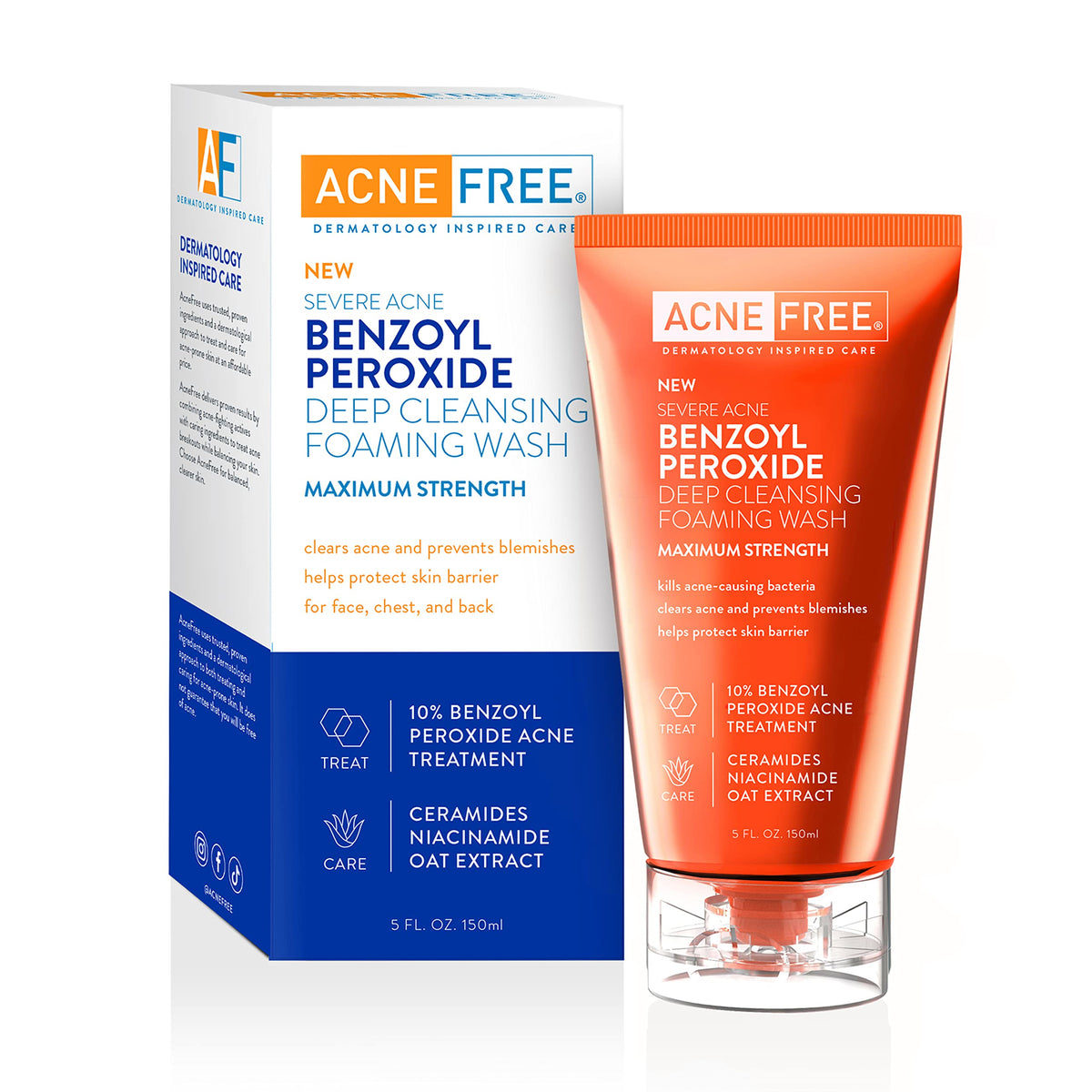 AcneFree Severe Acne Wash bottle shows 5 oz size and high-strength cleansing action.