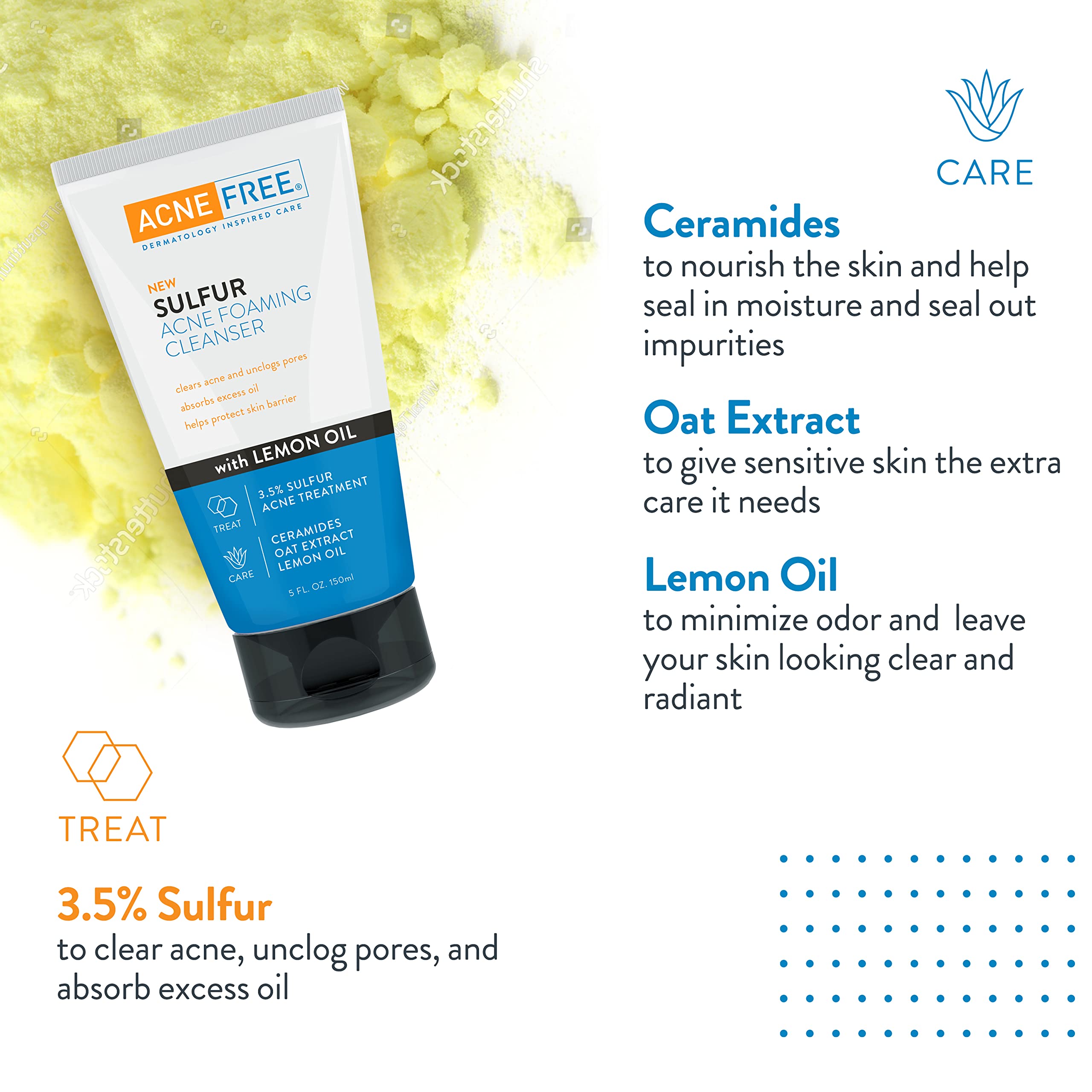AcneFree sulfur cleanser oat extract depicts soothing relief for inflamed skin.