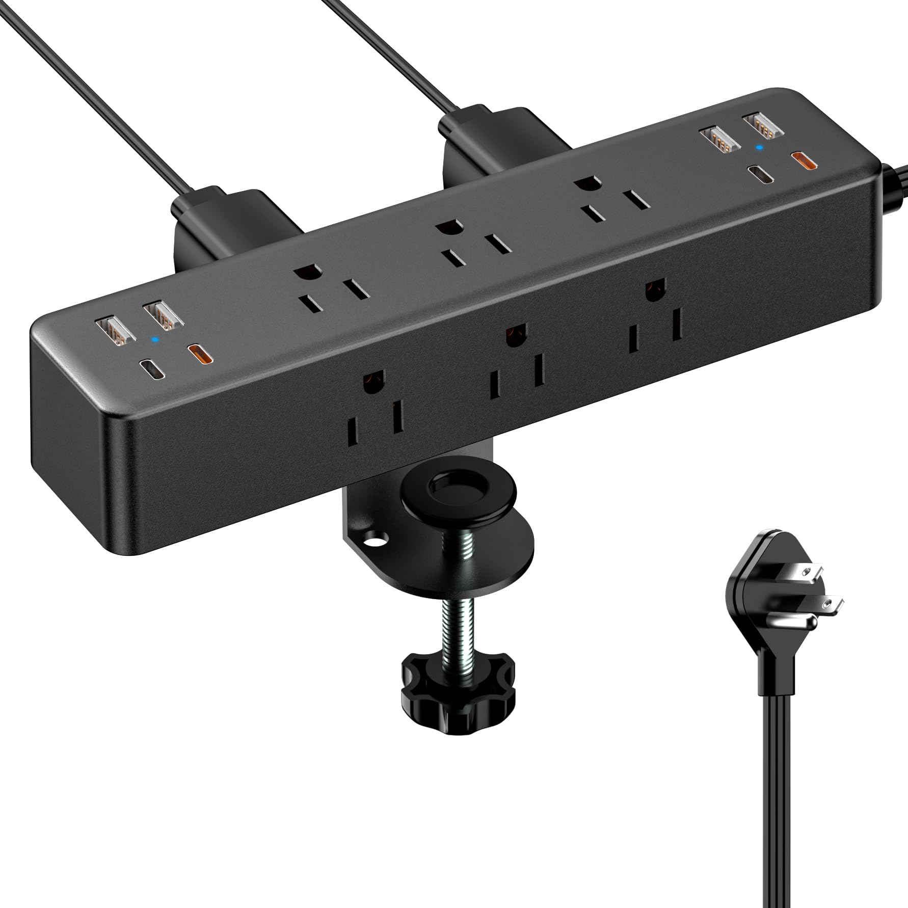 Acozvin flat-plug desk clamp power strip with 10ft cord for slim wall clearance