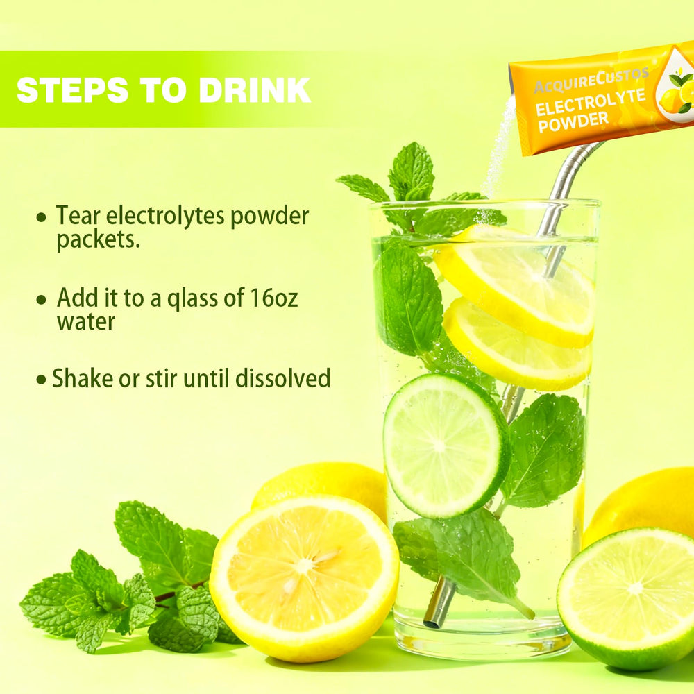 AcquireCustos electrolytes quick-use setup closeup demonstrates simple mixing.