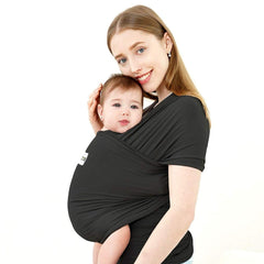 ACRABROS baby wrap carrier in black, front view, close contact.