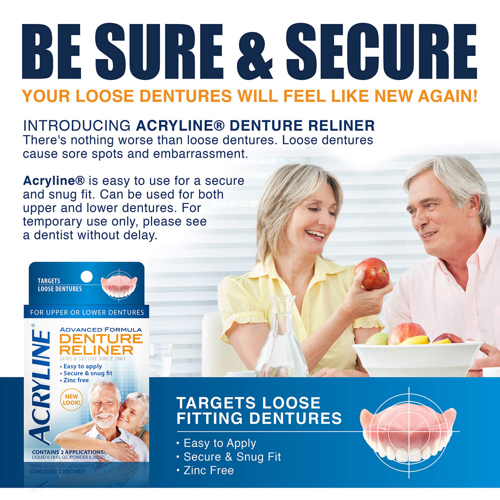 Acryline denture reliner secure-fit helps dentures stay snug.