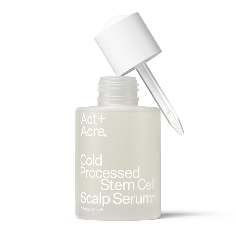 ACT+ ACRE stem cell scalp serum bottle highlighting scalp nourishment for thicker-looking hair.