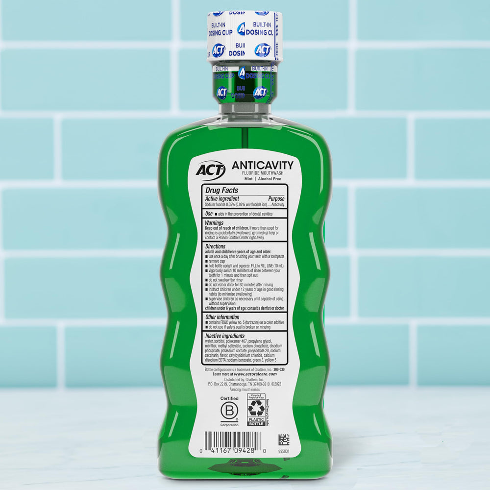 ACT Anticavity Mint Mouthwash dosing cup close-up for easy measuring