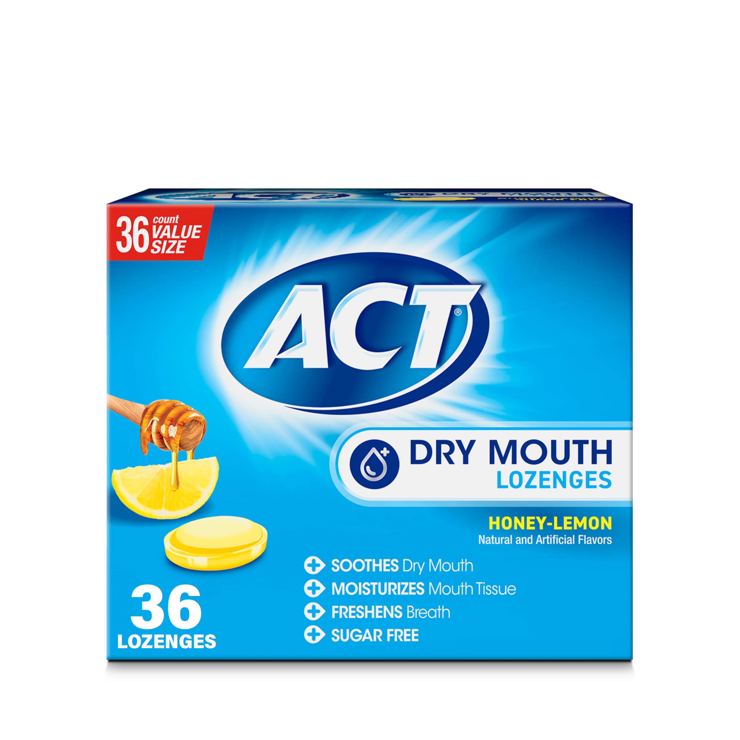 ACT Dry Mouth Lozenges Honey-Lemon box offers on-the-go moisture and fresh breath.