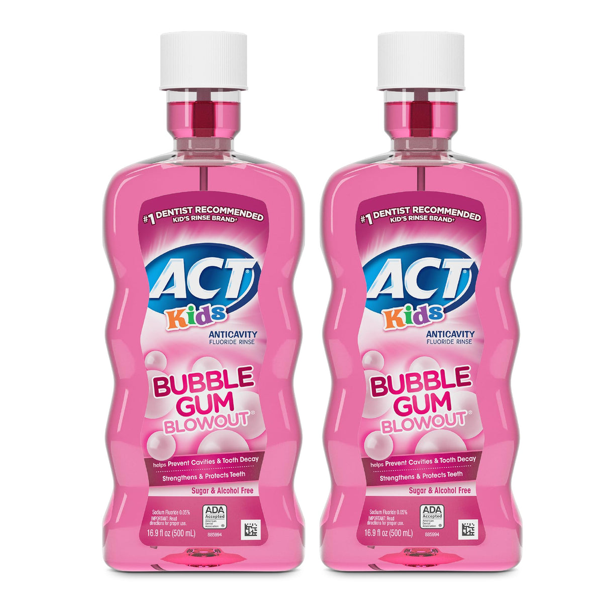 ACT Kids Anticavity Mouthwash bubble gum bottle front showing cavity protection.
