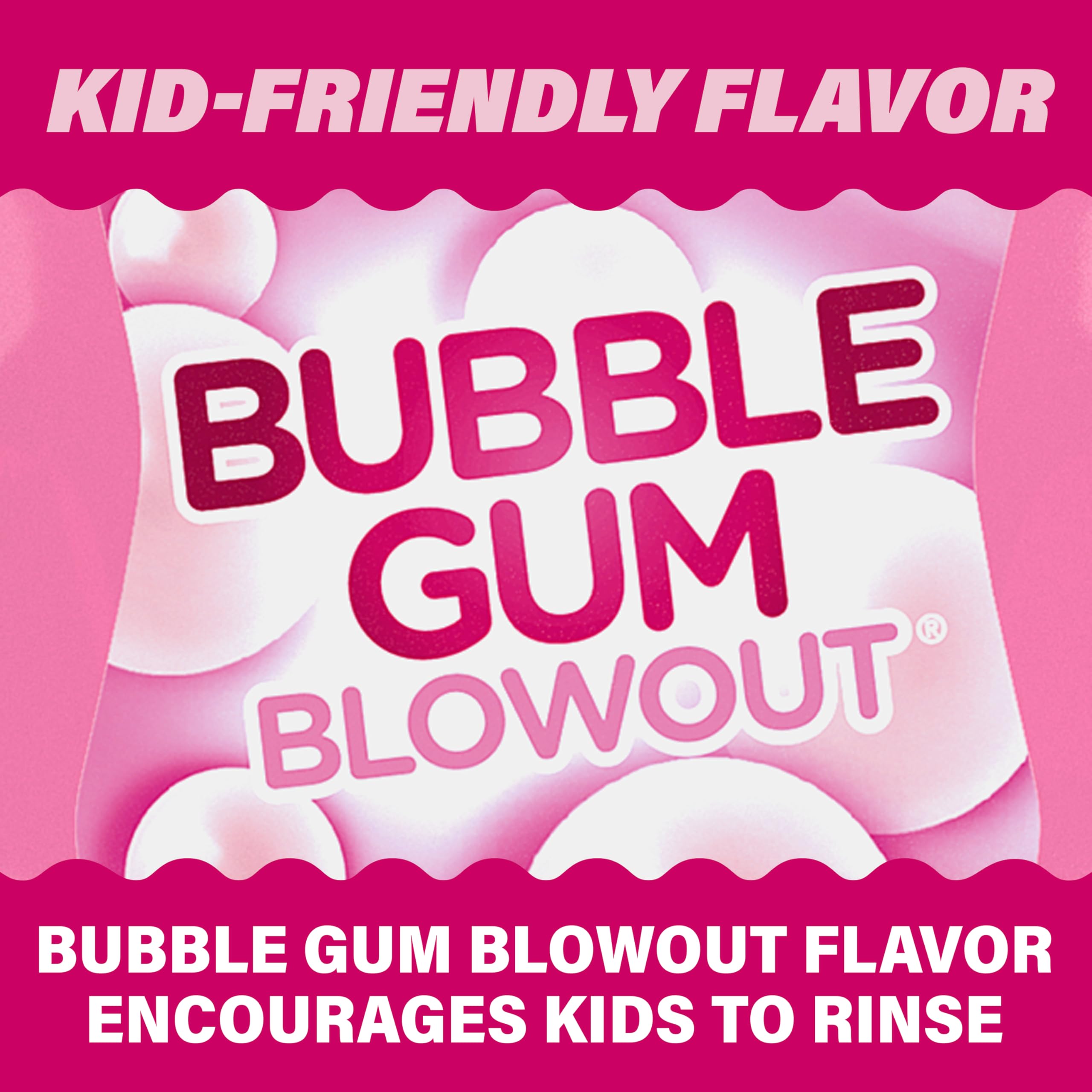 Bubble Gum Blowout flavor label on ACT Kids mouthwash for kids.