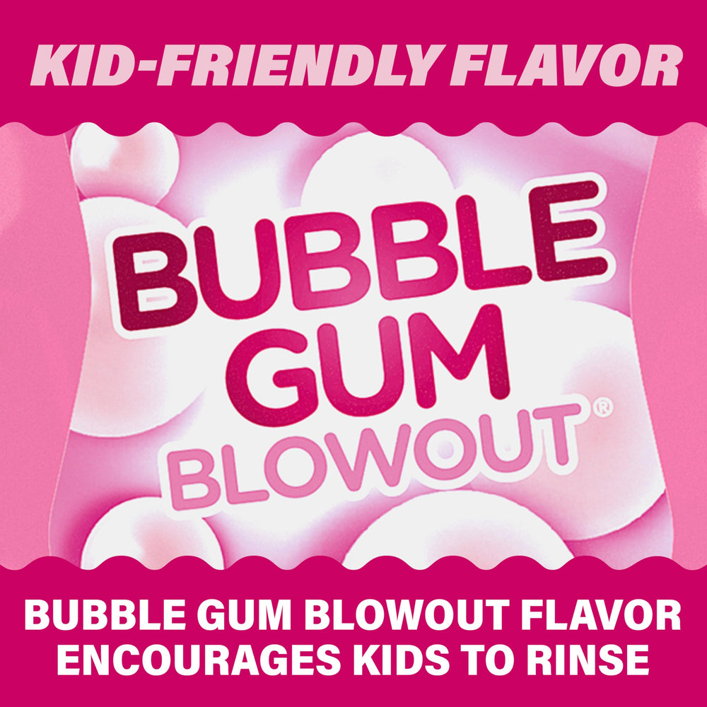 Bubble Gum Blowout flavor label on ACT Kids mouthwash for kids.