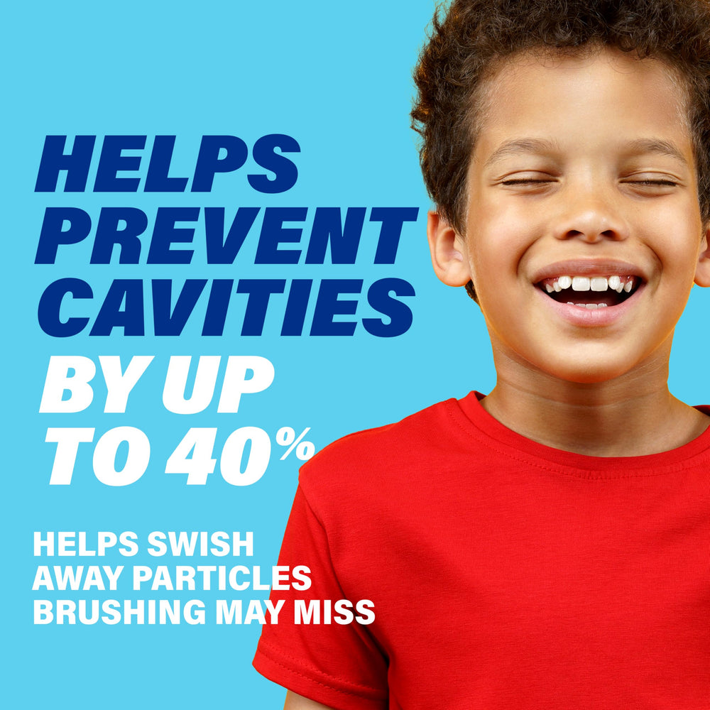 Fluoride strength label on ACT Kids Mouthwash indicates maximum non-prescription fluoride.