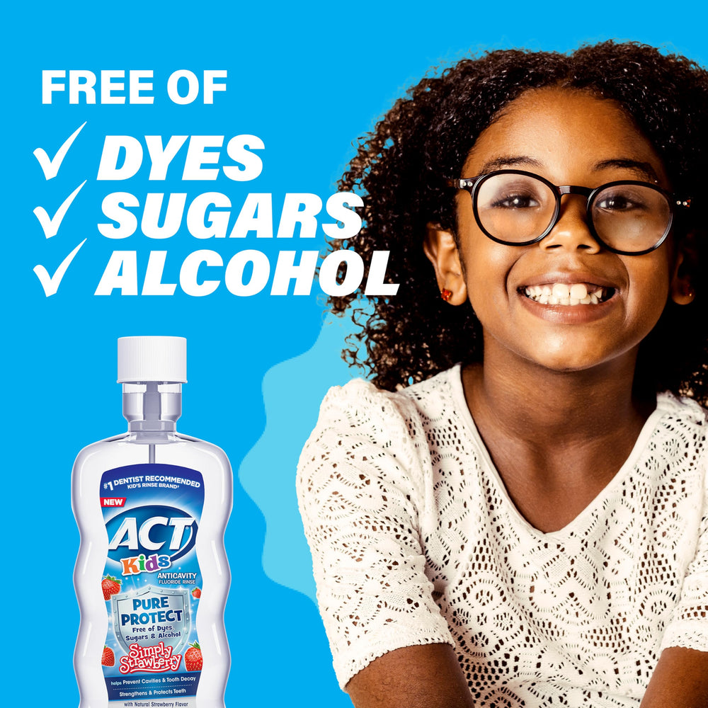 ACT Kids mouthwash label strawberry flavor highlights kid-friendly taste