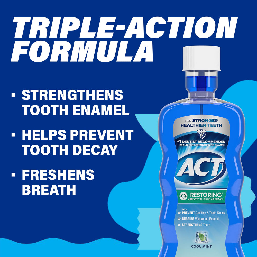 Pouring ACT Restoring Mouthwash into a cup for daily use