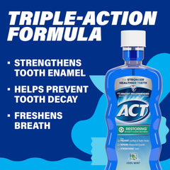 Pouring ACT Restoring Mouthwash into a cup for daily use