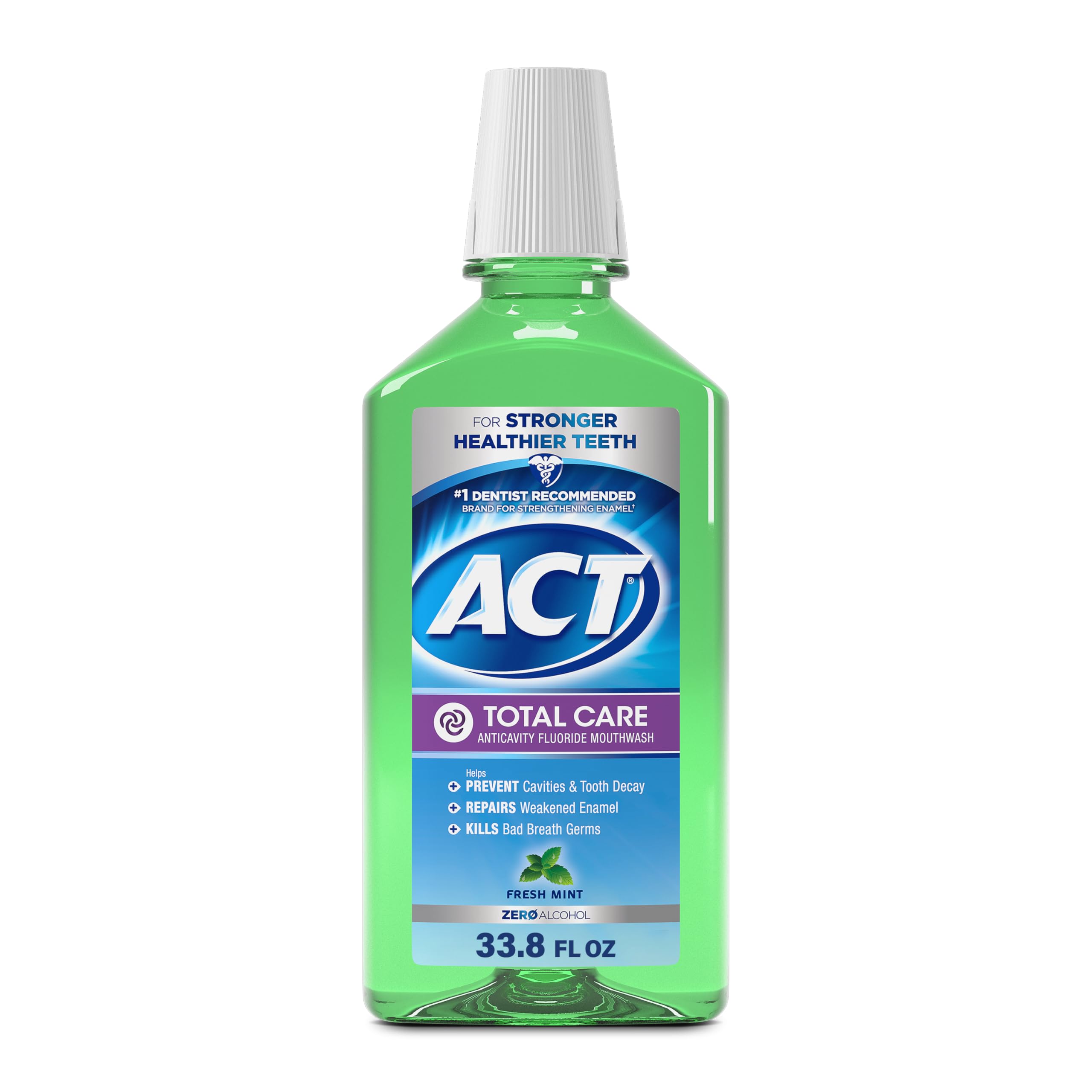 ACT Total Care Zero Alcohol Fresh Mint bottle for daily oral hygiene.
