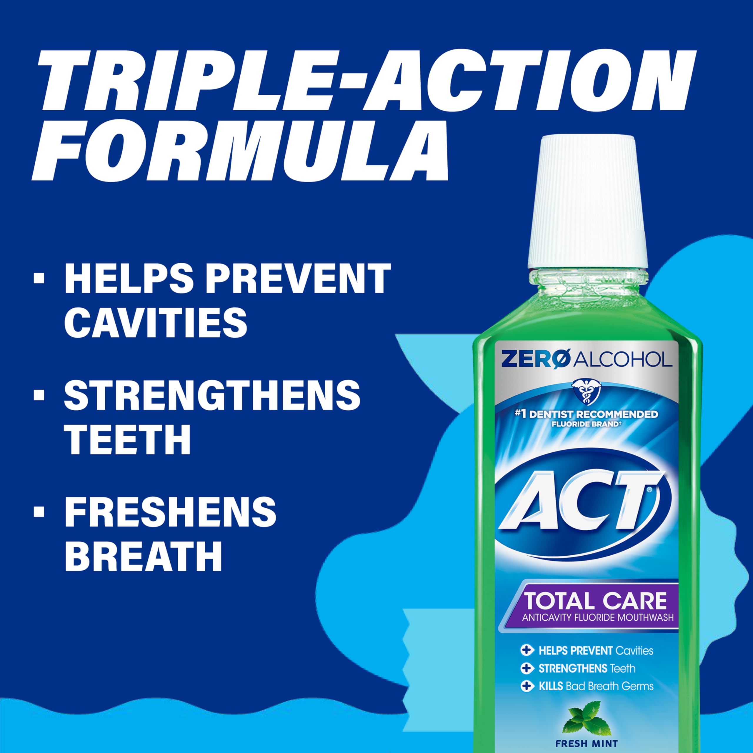 Rinse action with ACT Total Care Zero Alcohol Mouthwash Fresh Mint.
