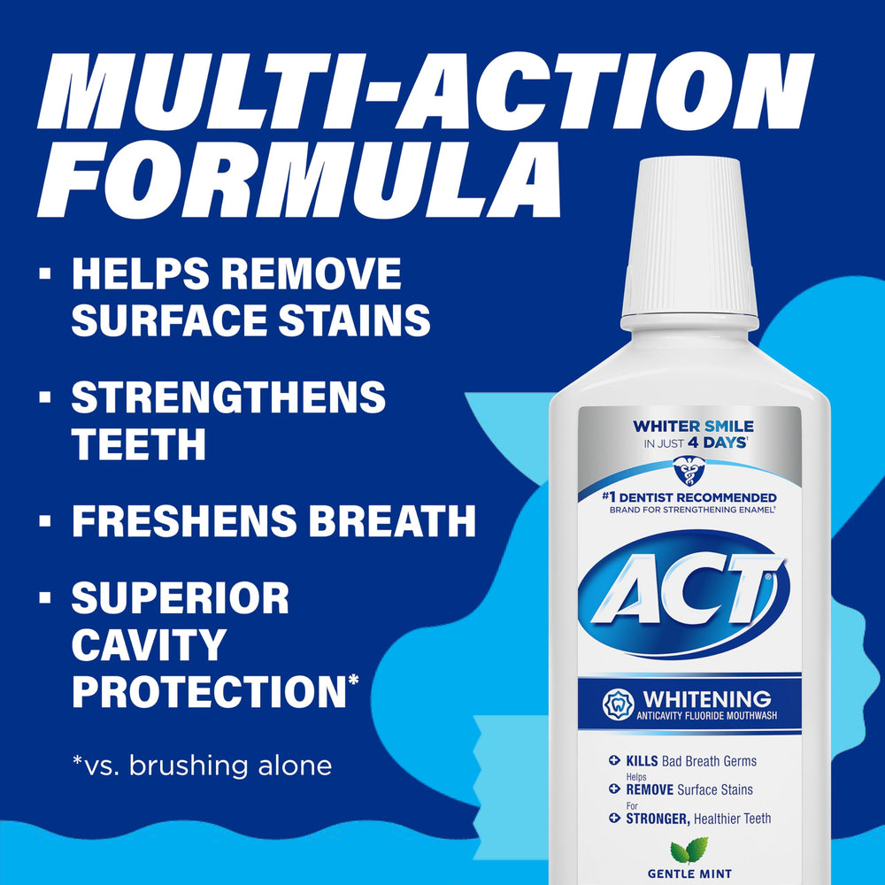ACT whitening mouthwash bottle on bathroom counter ready for daily use