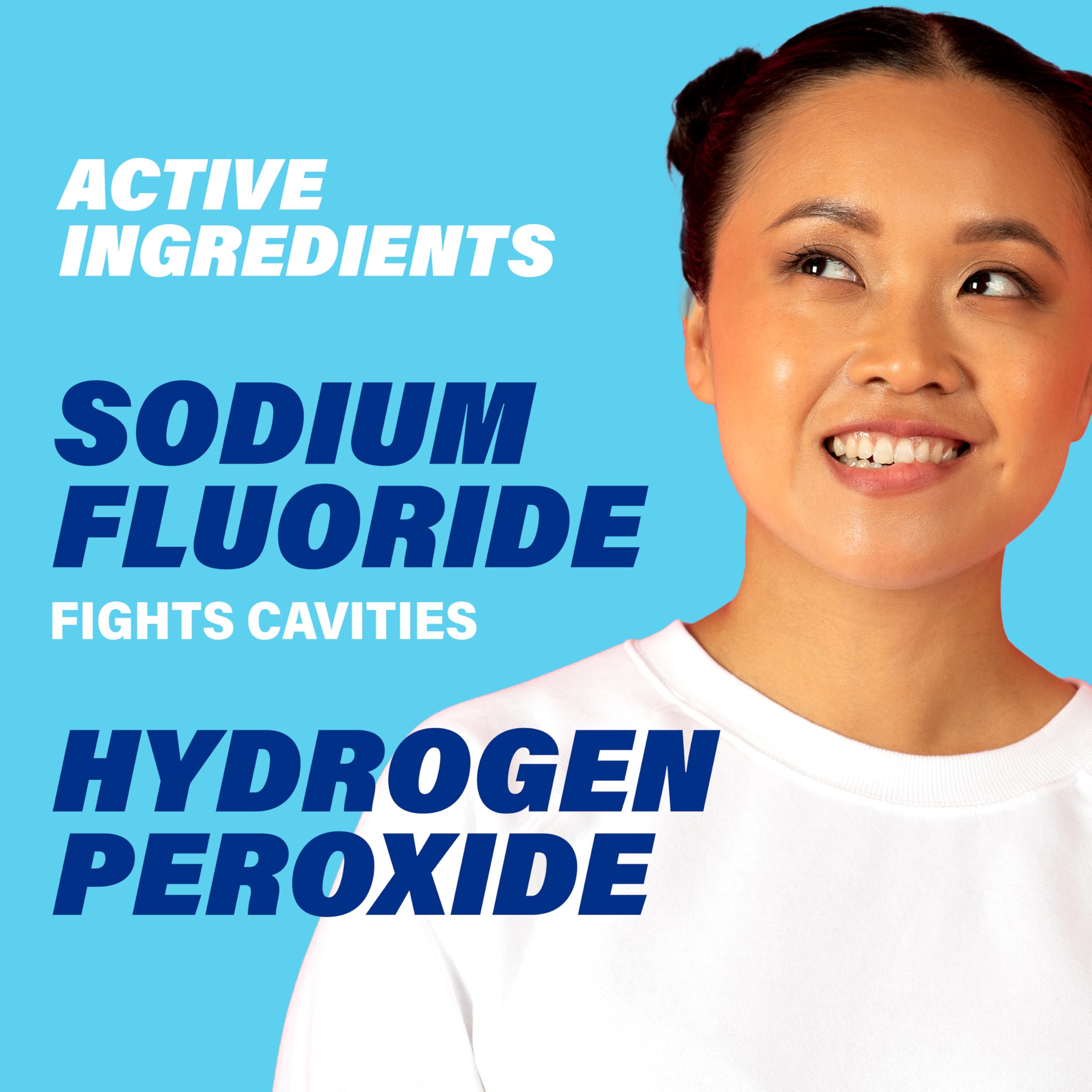 Pouring ACT whitening mouthwash into a cup to demonstrate usage