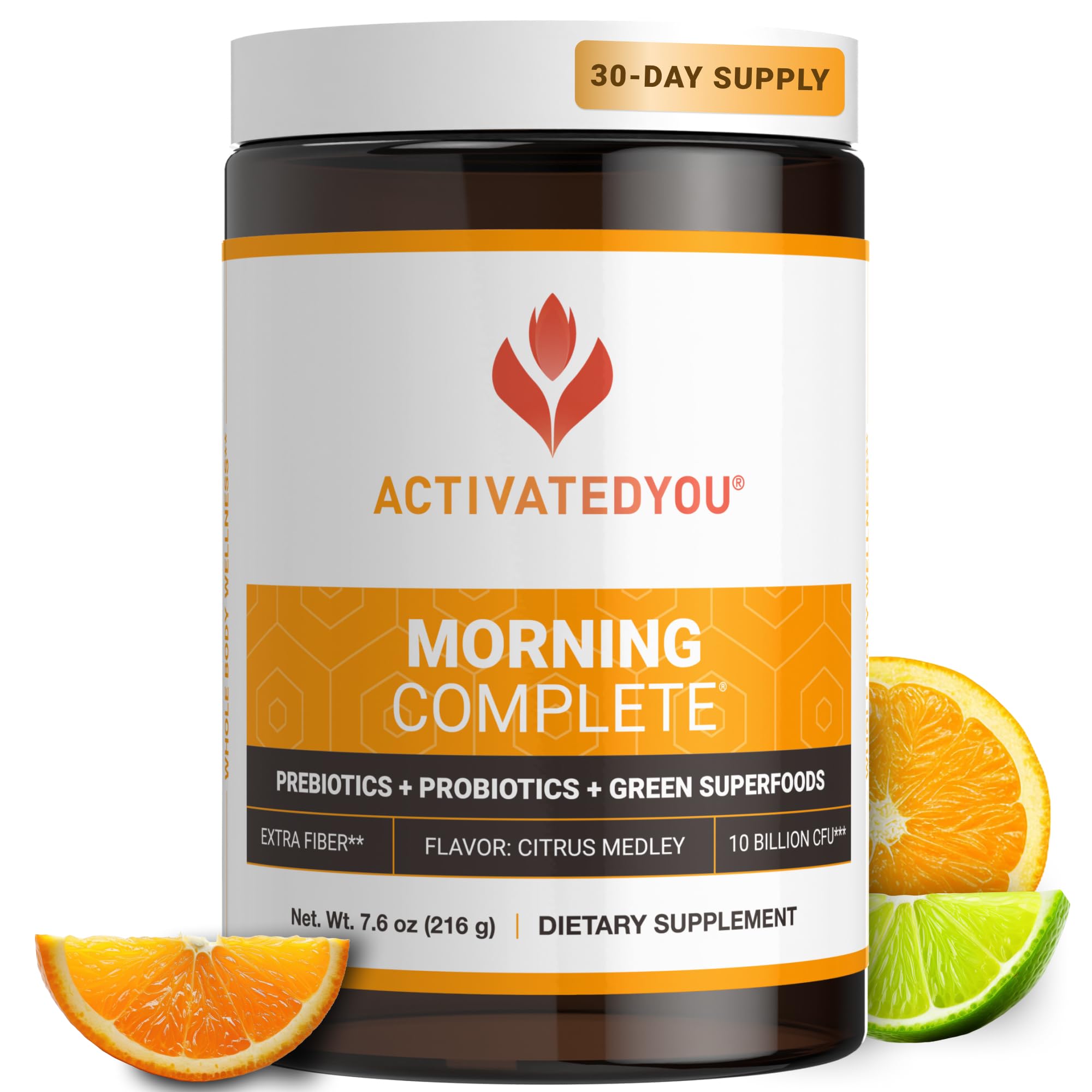 ActivatedYou Morning Complete citrus powder in tub, ready for daily gut health support.