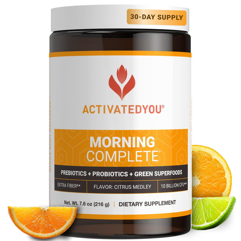 ActivatedYou Morning Complete citrus powder in tub, ready for daily gut health support.
